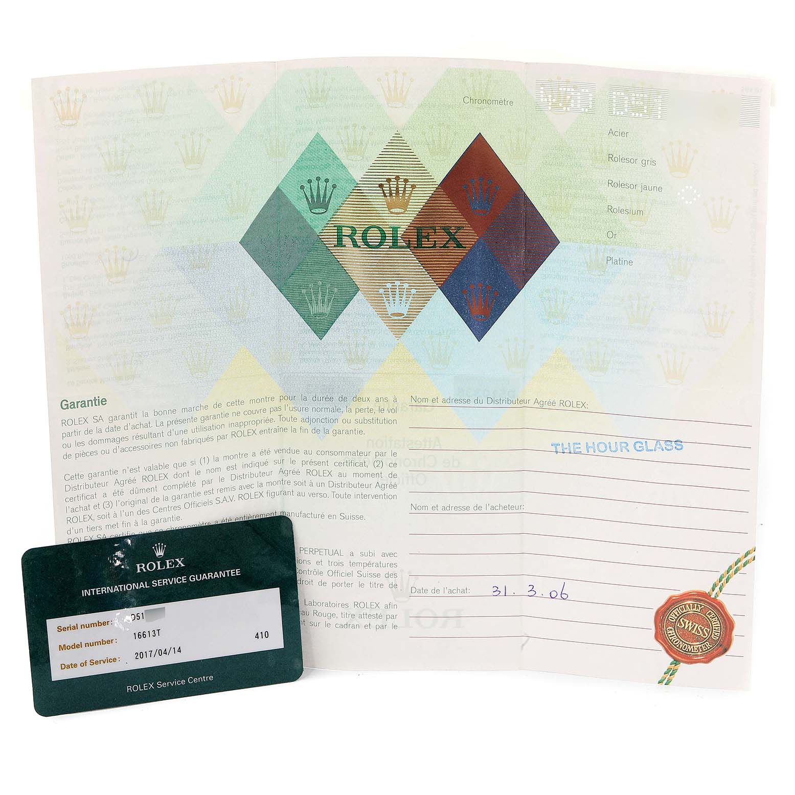 The image shows the warranty card and certificate for a Rolex Submariner 16613 Men
s Steel and Gold (two tone) Blue Dial 16613 Men
s Steel and Gold (two tone) Blue Dial model.