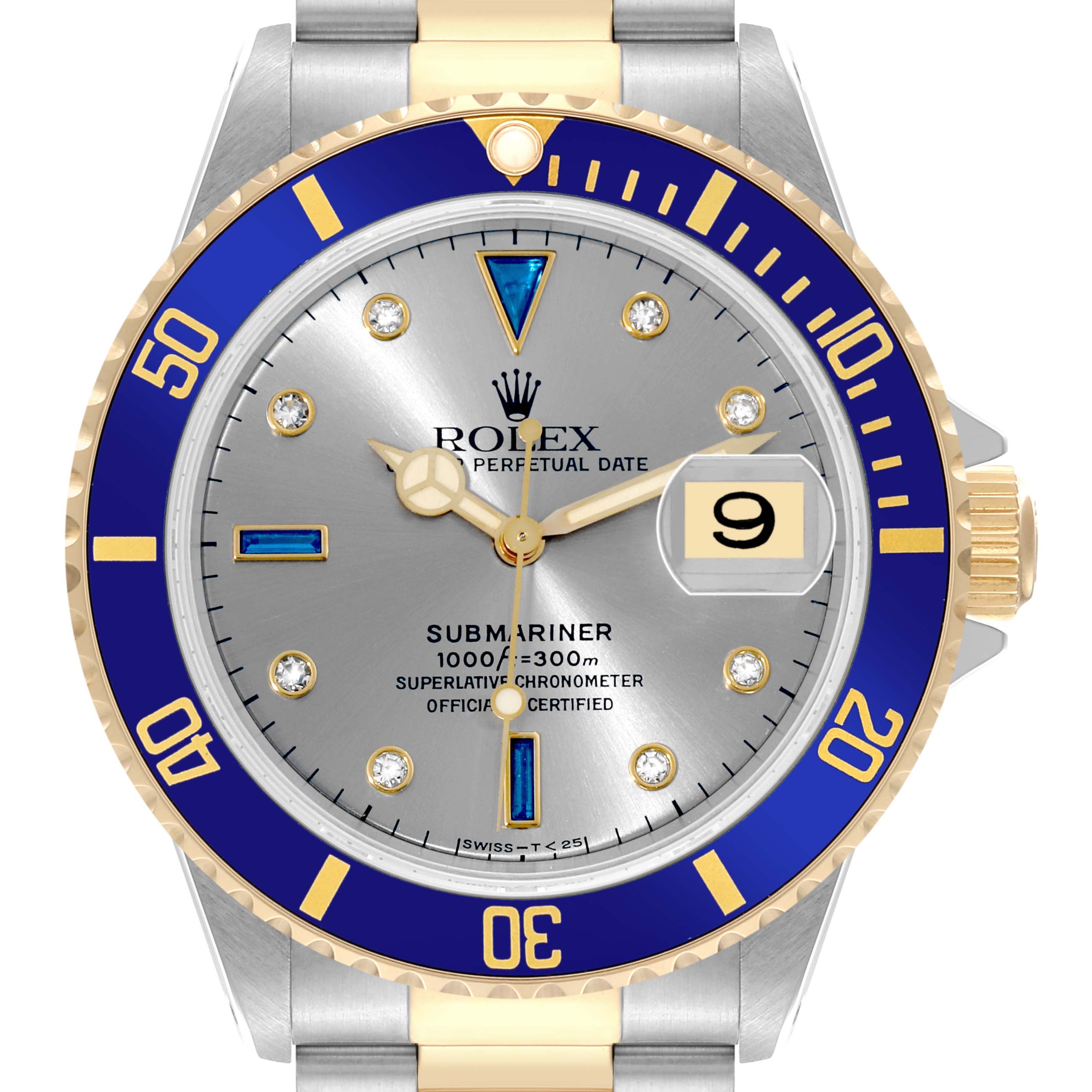 The image shows a front view of a Rolex Submariner 16613 Men's Steel and Gold (two tone) Silver Dial 16613 Men's Steel and Gold (two tone) Silver Dial watch, highlighting the dial, bezel, crown, and part of the bracelet.