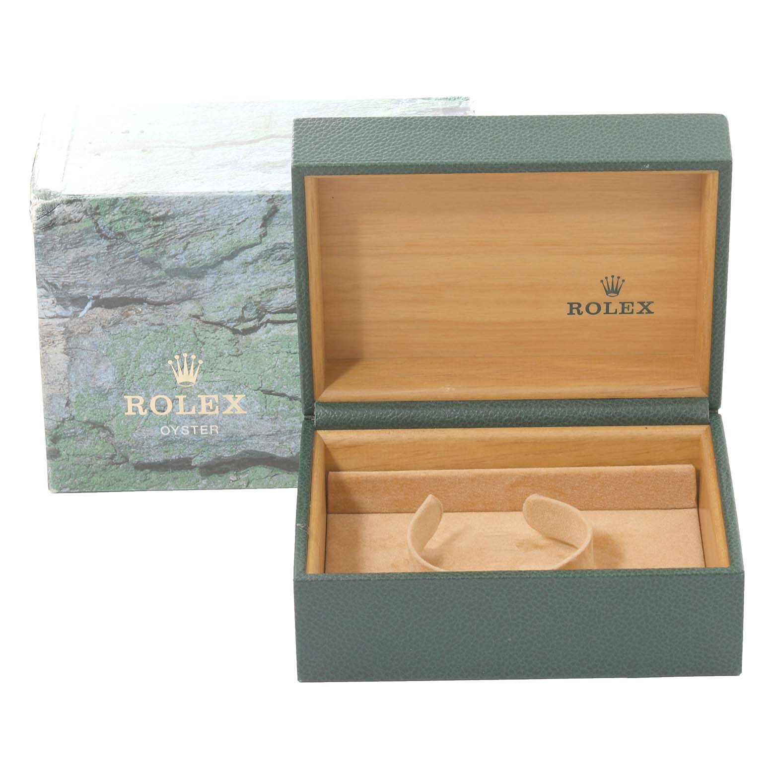 The image shows an open, empty Rolex Submariner 16613 Men's Steel and Gold (two tone) Silver Dial 16613 Men's Steel and Gold (two tone) Silver Dial watch box alongside its outer packaging.