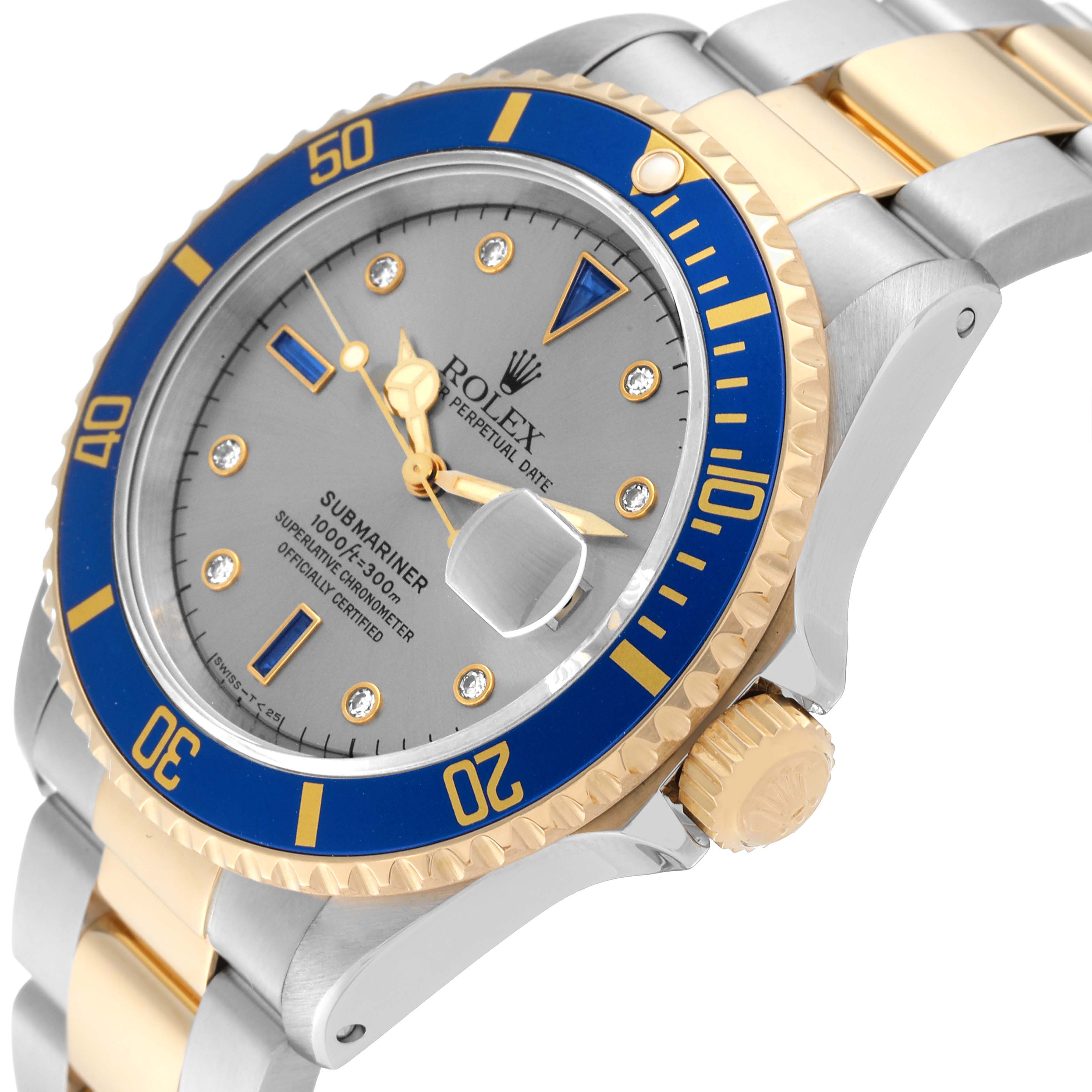 The image shows a Rolex Submariner 16613 Men's Steel and Gold (two tone) Silver Dial 16613 Men's Steel and Gold (two tone) Silver Dial watch angled to display its dial, bezel, crown, and part of the bracelet.