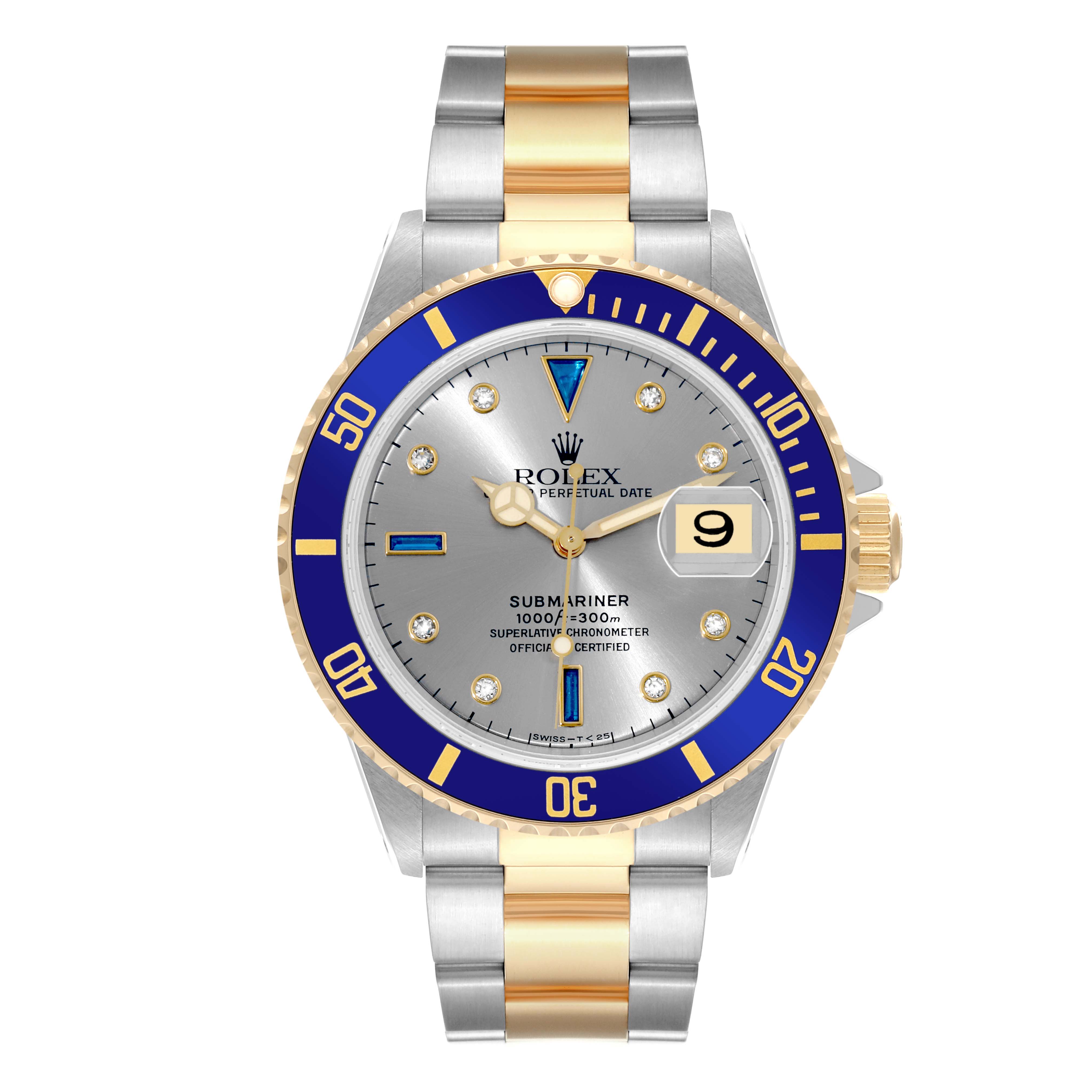 The image shows a Rolex Submariner 16613 Men's Steel and Gold (two tone) Silver Dial 16613 Men's Steel and Gold (two tone) Silver Dial watch from a front angle, featuring a grey dial, blue bezel, and two-tone metal bracelet.