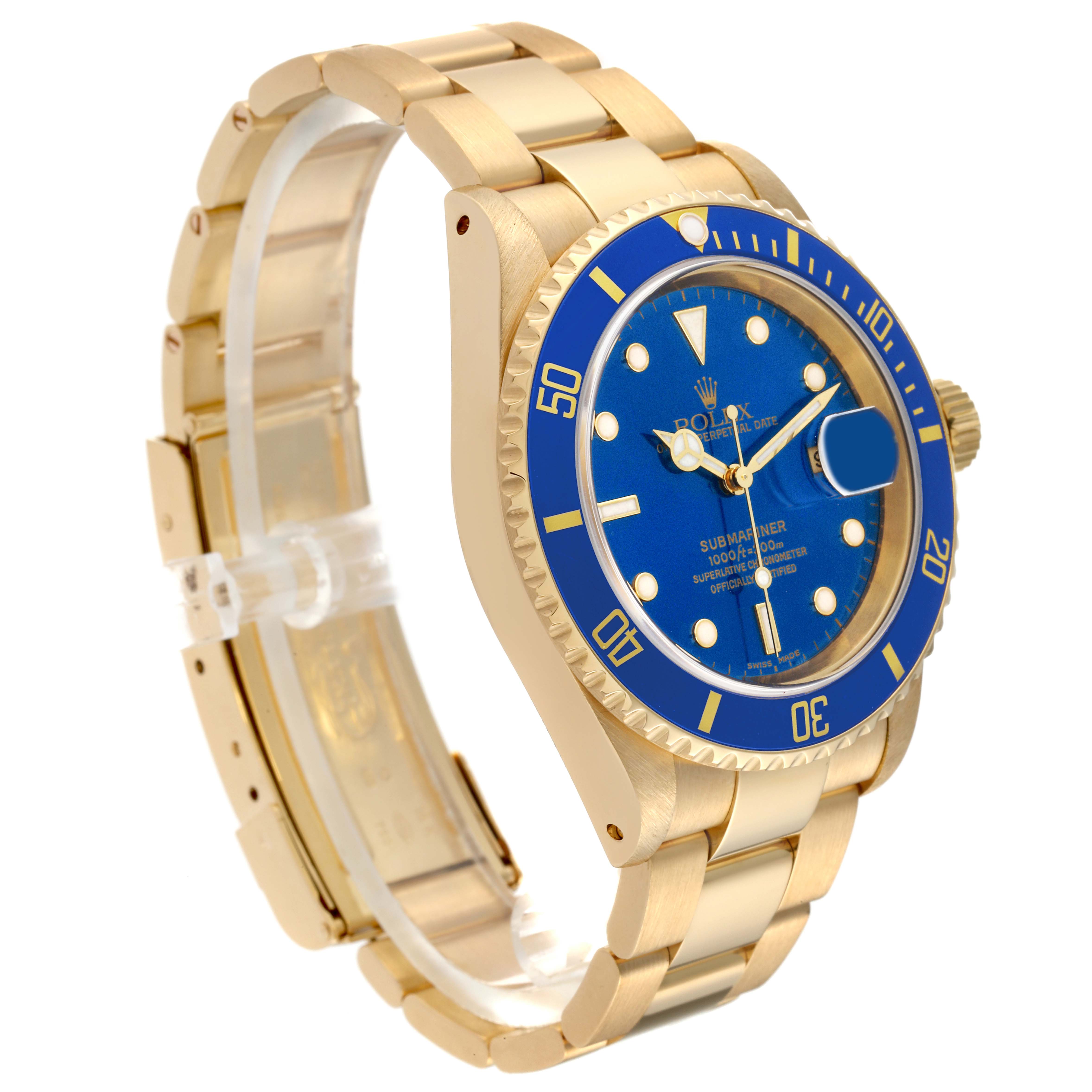 The image shows a side and front angle of the Rolex Submariner 16618 Men's Yellow Gold Blue Dial 16618 Men's Yellow Gold Blue Dial watch, highlighting its blue dial, bezel, and gold bracelet.