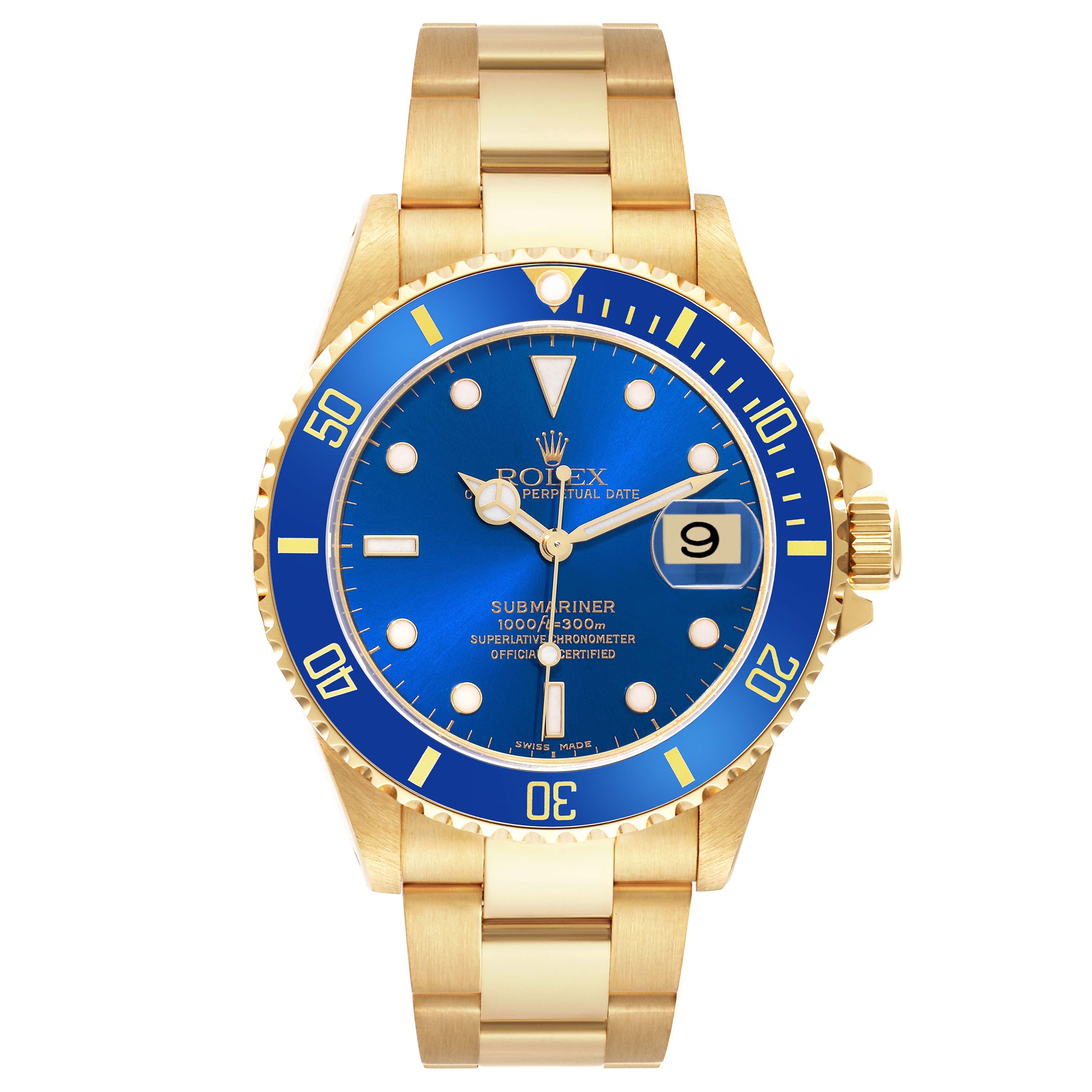 The image shows a front view of a Rolex Submariner 16618 Men's Yellow Gold Blue Dial 16618 Men's Yellow Gold Blue Dial watch in gold with a blue dial and bezel.