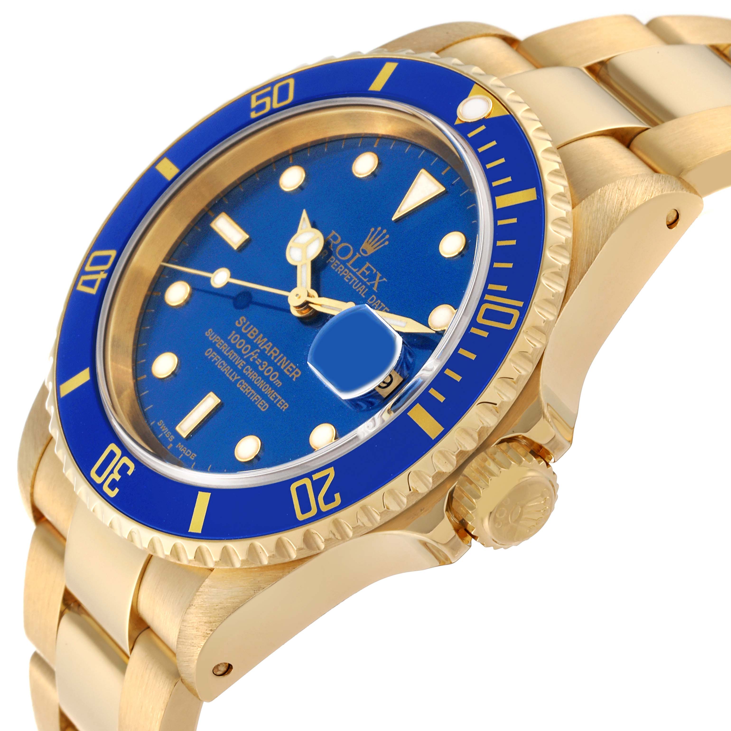 The image shows the Rolex Submariner 16618 Men's Yellow Gold Blue Dial 16618 Men's Yellow Gold Blue Dial watch at a slight angle, highlighting its blue dial, bezel, and golden bracelet.