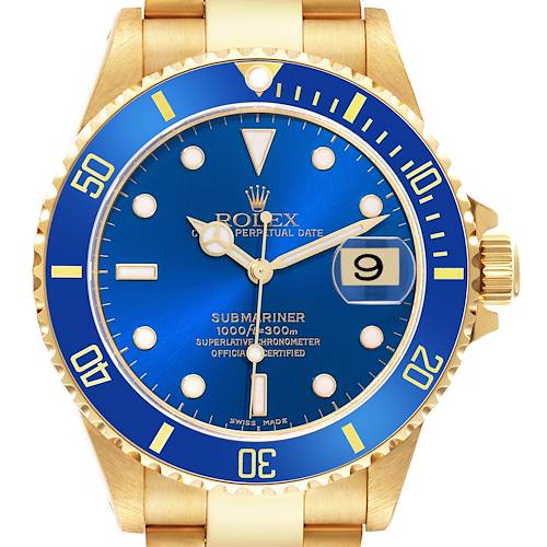 Photo of Rolex Submariner Yellow Gold Blue Dial 40mm Mens Watch 16618 Box Papers