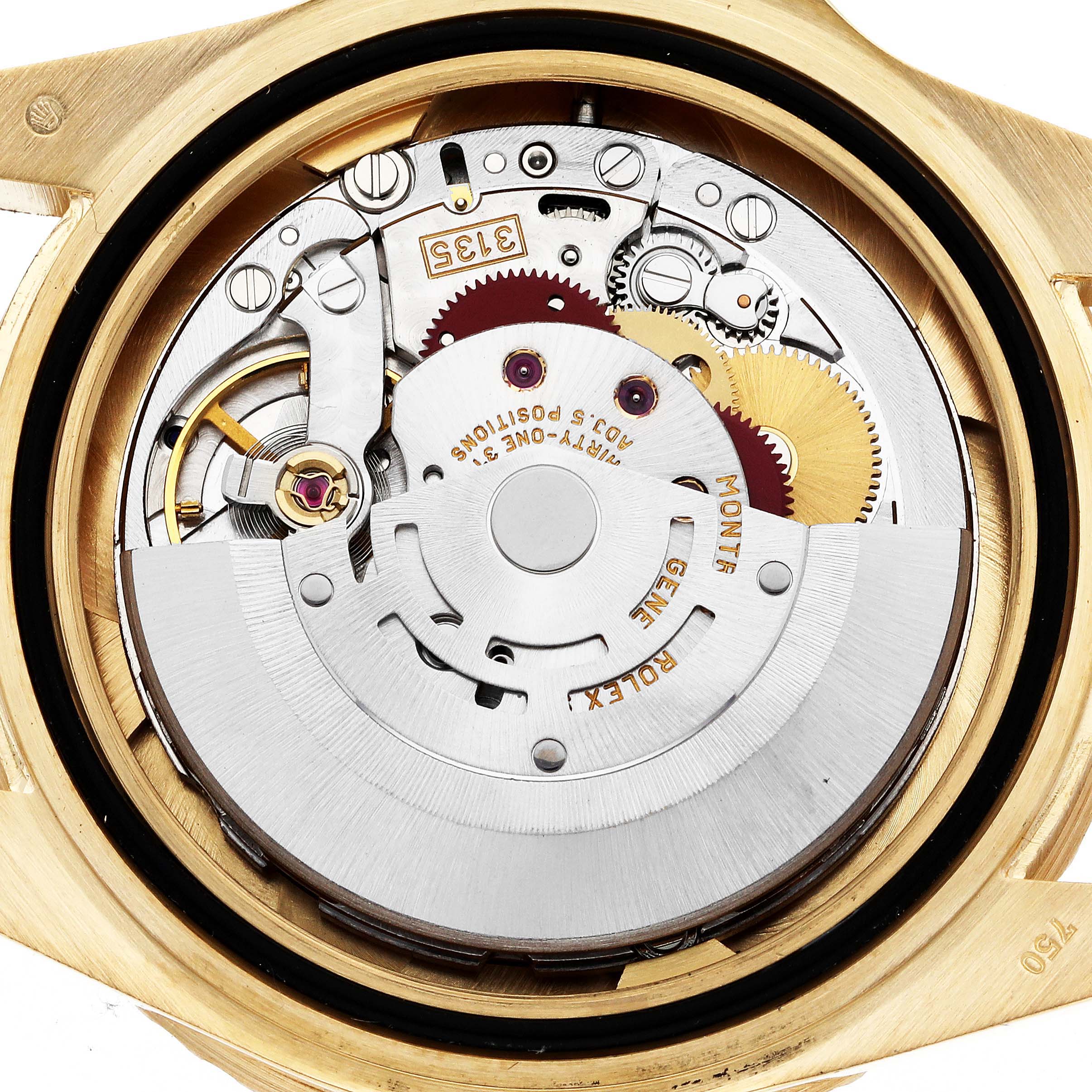 The image shows an internal view of the Rolex Submariner 16618 Men's Yellow Gold Blue Dial 16618 Men's Yellow Gold Blue Dial watch, focusing on its mechanical movement components.