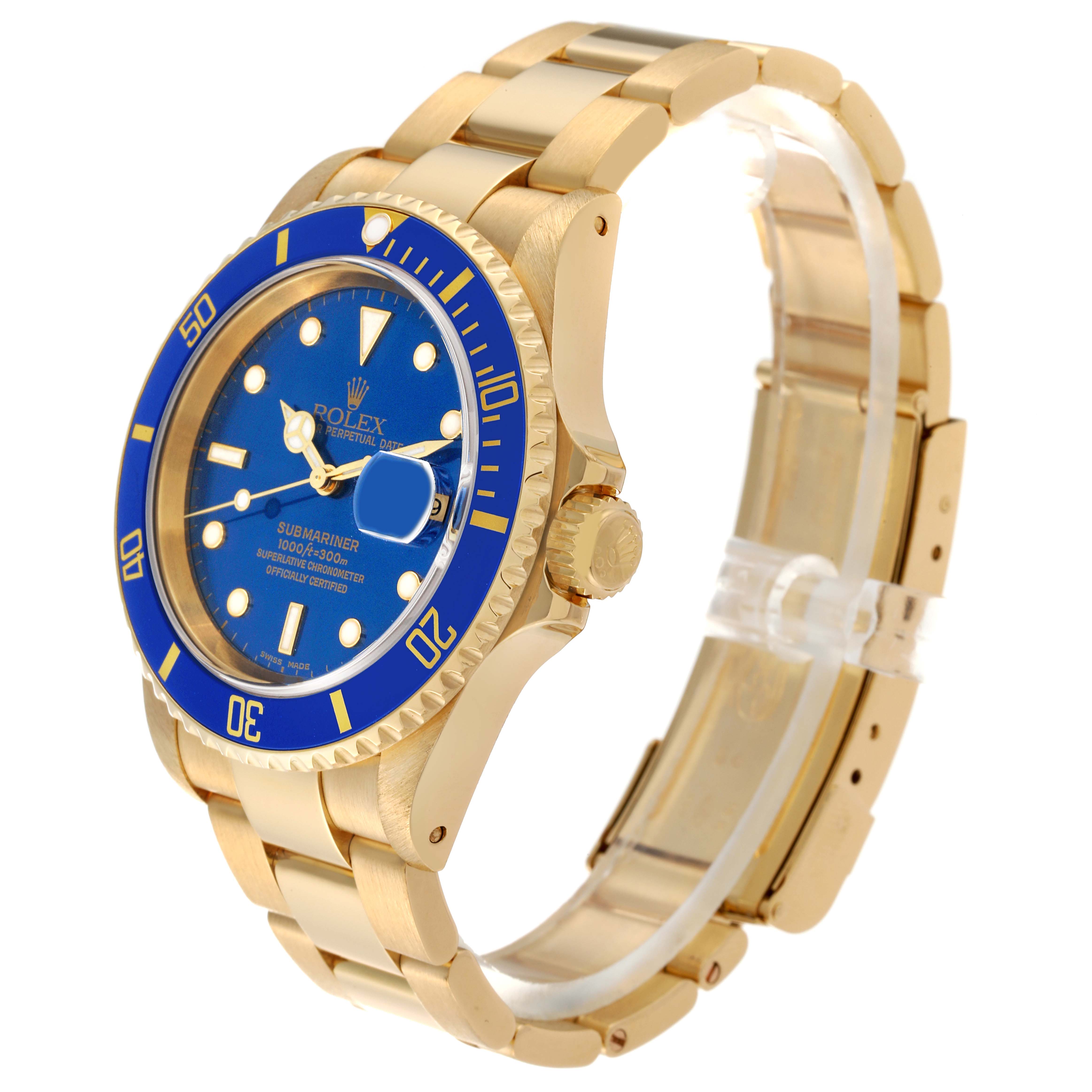 The image shows a side angle view of a gold Rolex Submariner 16618 Men's Yellow Gold Blue Dial 16618 Men's Yellow Gold Blue Dial, highlighting the blue bezel, crown, and bracelet.