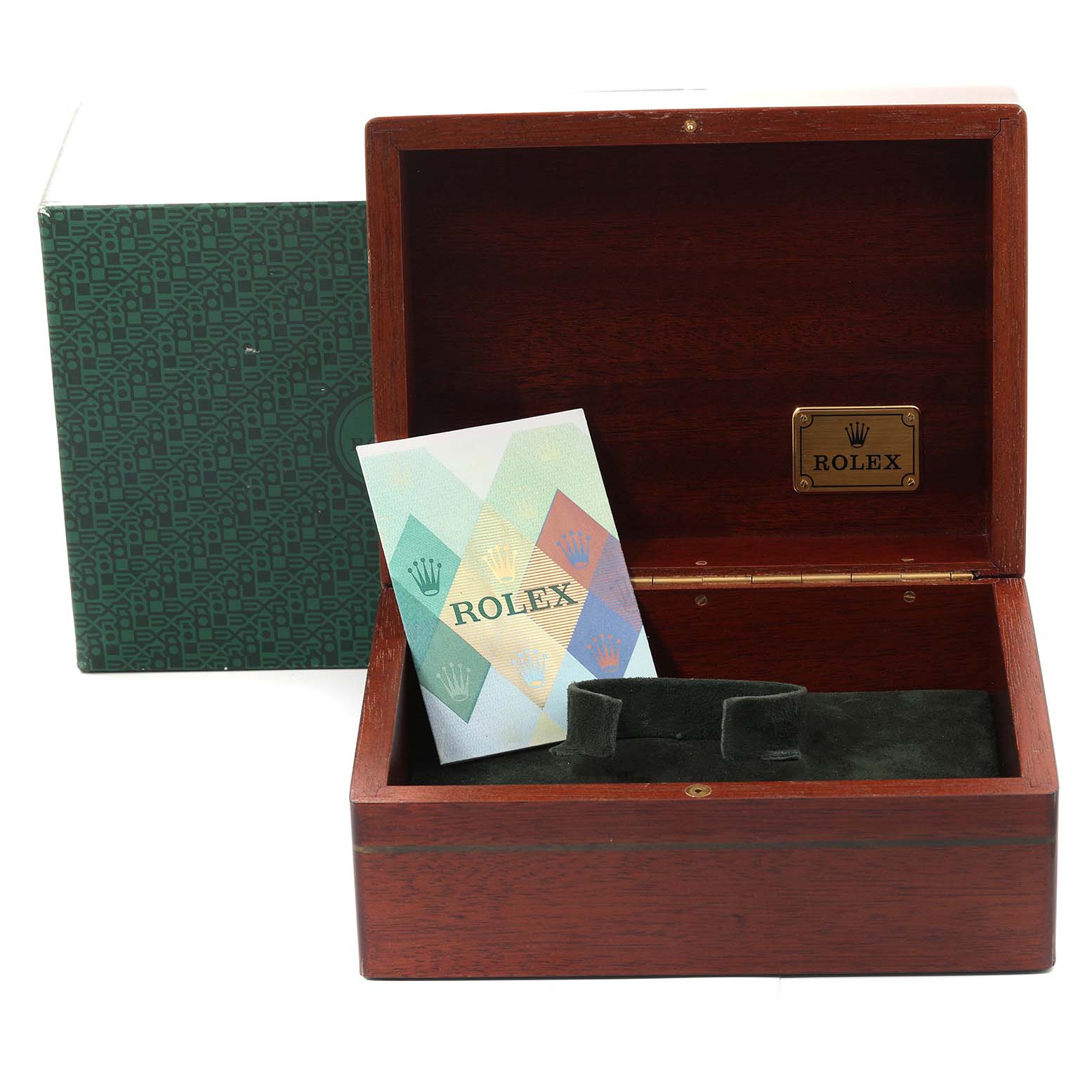 The image shows a Rolex Submariner 16618 Men's Yellow Gold Blue Dial 16618 Men's Yellow Gold Blue Dial watch box, accessories include the green outer box, inner wooden box, and a Rolex booklet.