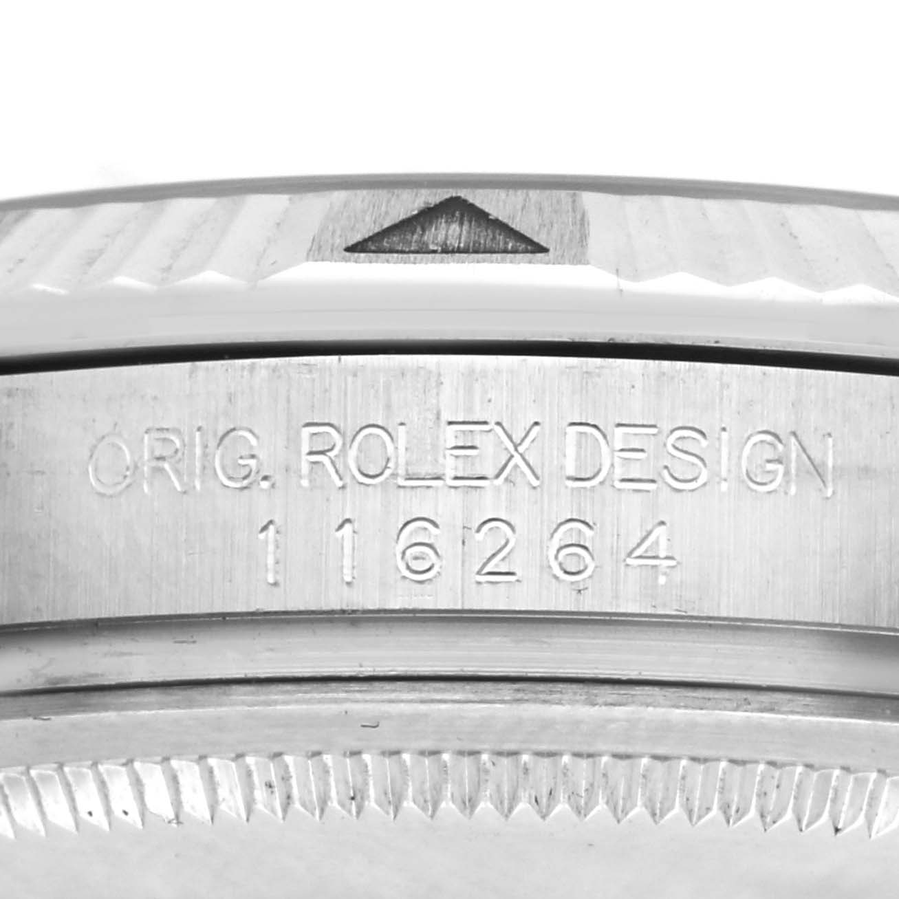The image shows the side of the Rolex Turn-o-Graph 116264 Men
s Stainless Steel Black Dial 116264 Men
s Stainless Steel Black Dial with the bezel and engraved model number visible.