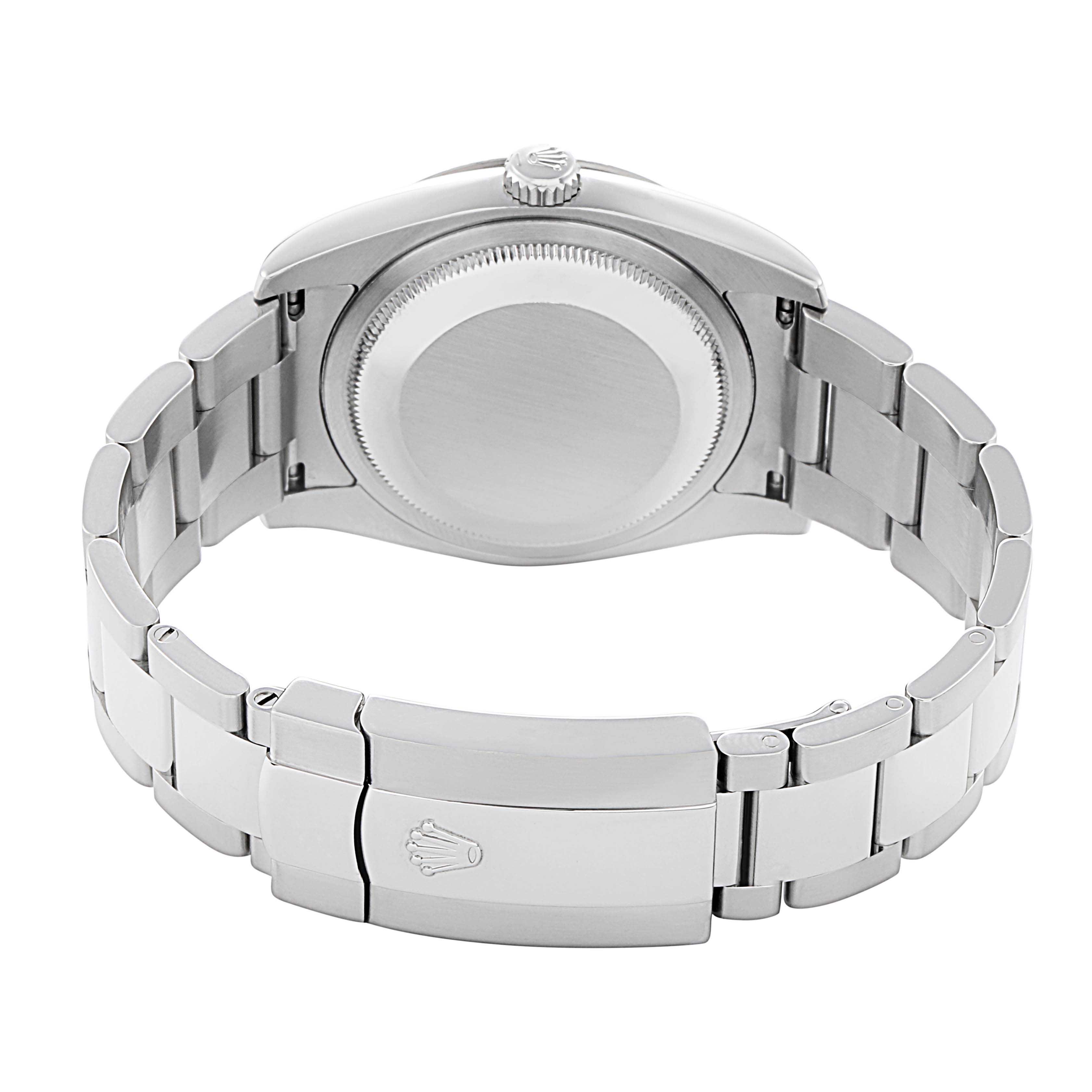 The image shows the back view of the Rolex Turn-o-Graph 116264 Men
s Stainless Steel Black Dial 116264 Men
s Stainless Steel Black Dial watch, focusing on the case back, stainless steel bracelet, and clasp.