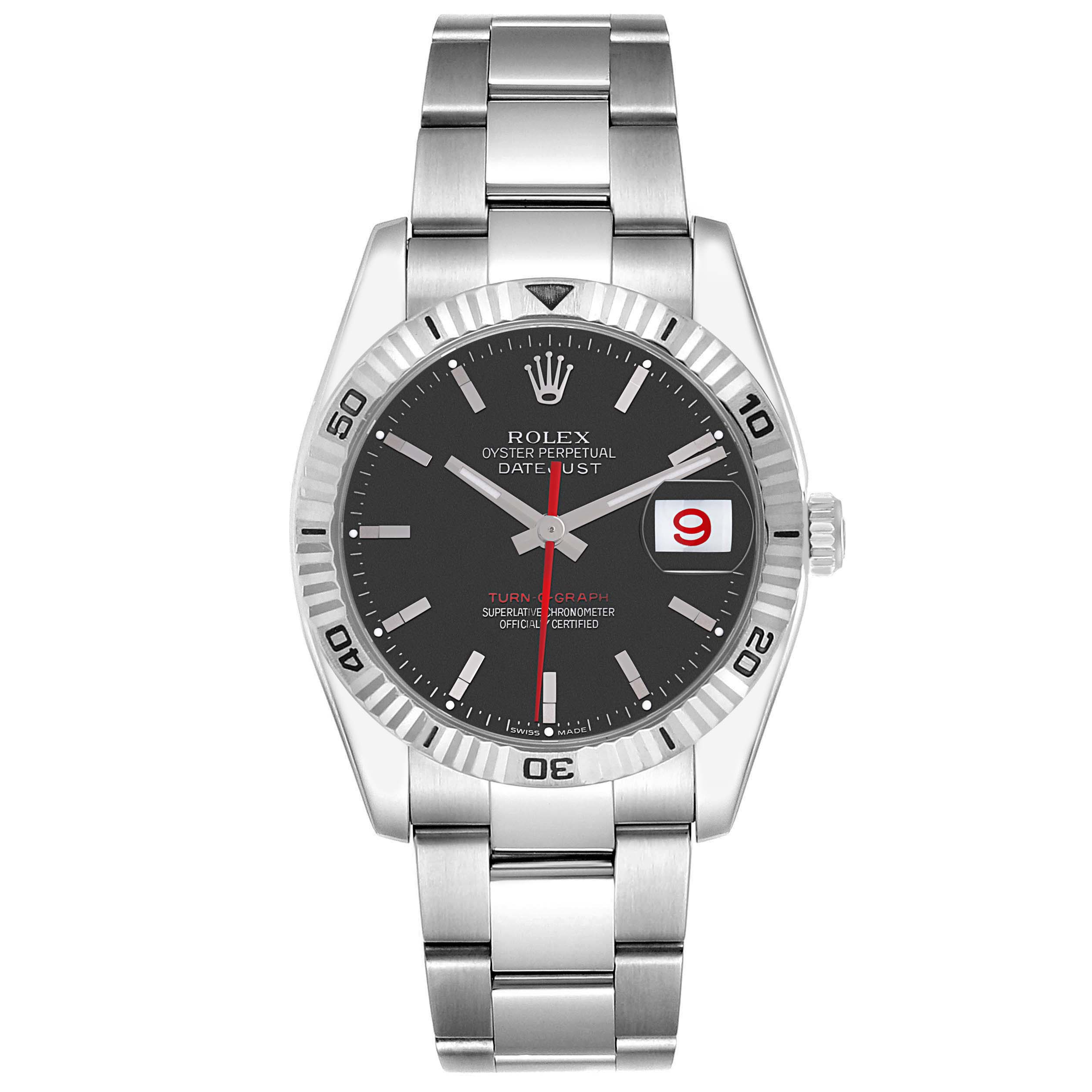 The Rolex Turn-o-Graph 116264 Men
s Stainless Steel Black Dial 116264 Men
s Stainless Steel Black Dial watch is shown from a front angle, displaying its dial, bezel, bracelet, and crown.