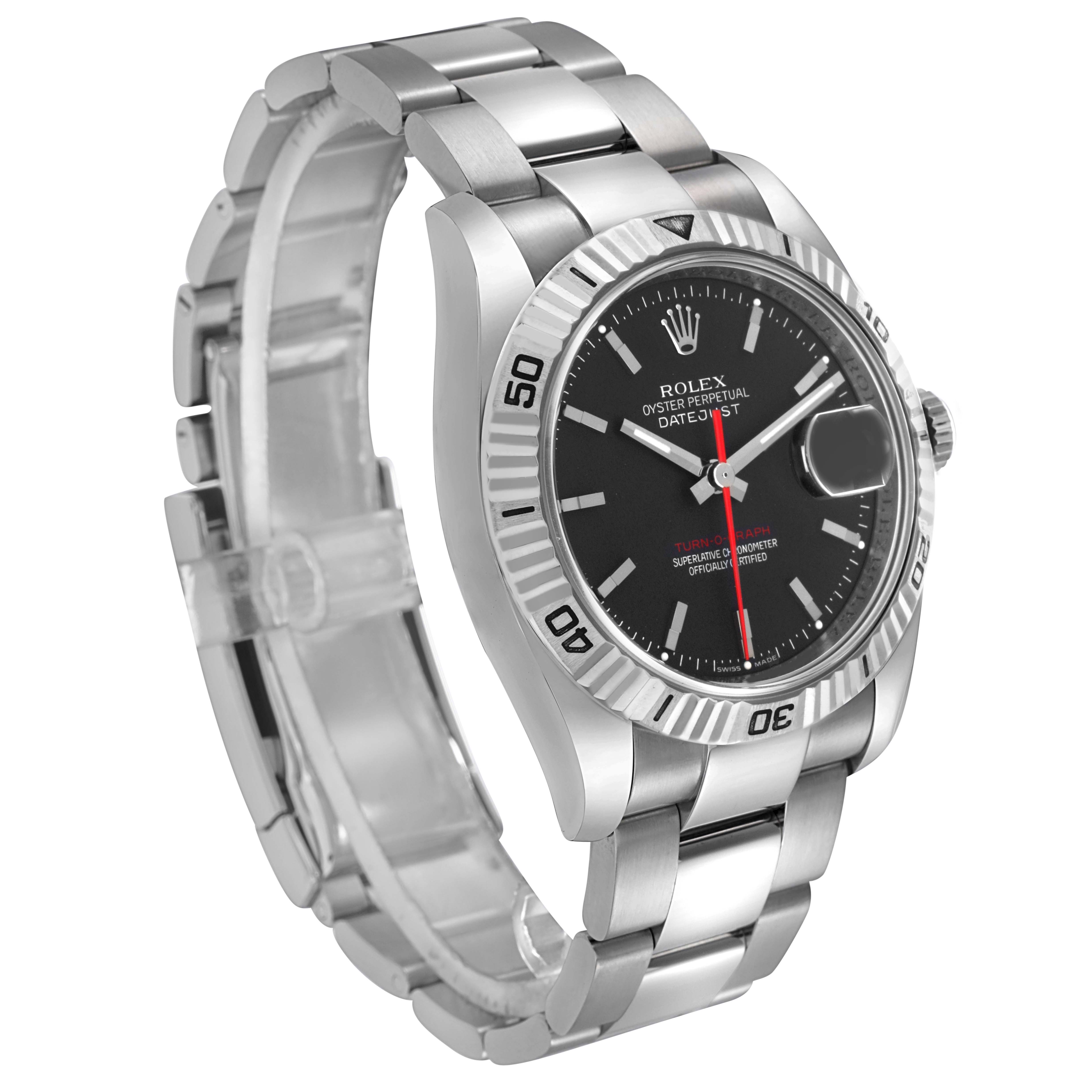 The Rolex Turn-o-Graph 116264 Men
s Stainless Steel Black Dial 116264 Men
s Stainless Steel Black Dial watch is shown from a three-quarter angle, highlighting the bracelet, bezel, and dial.