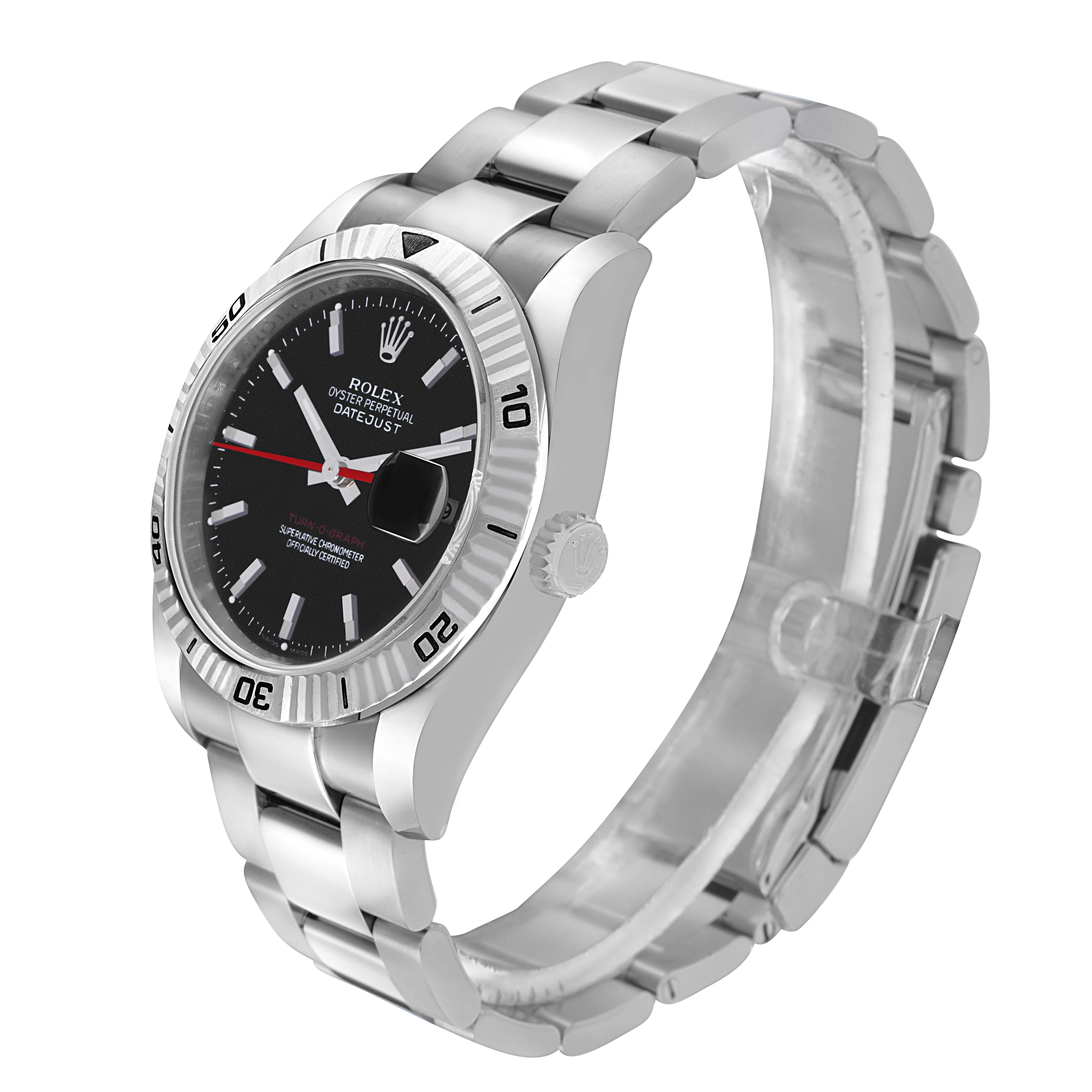 The Rolex Turn-o-Graph 116264 Men
s Stainless Steel Black Dial 116264 Men
s Stainless Steel Black Dial watch is shown at a three-quarter angle, displaying the case, bracelet, bezel, and dial clearly.