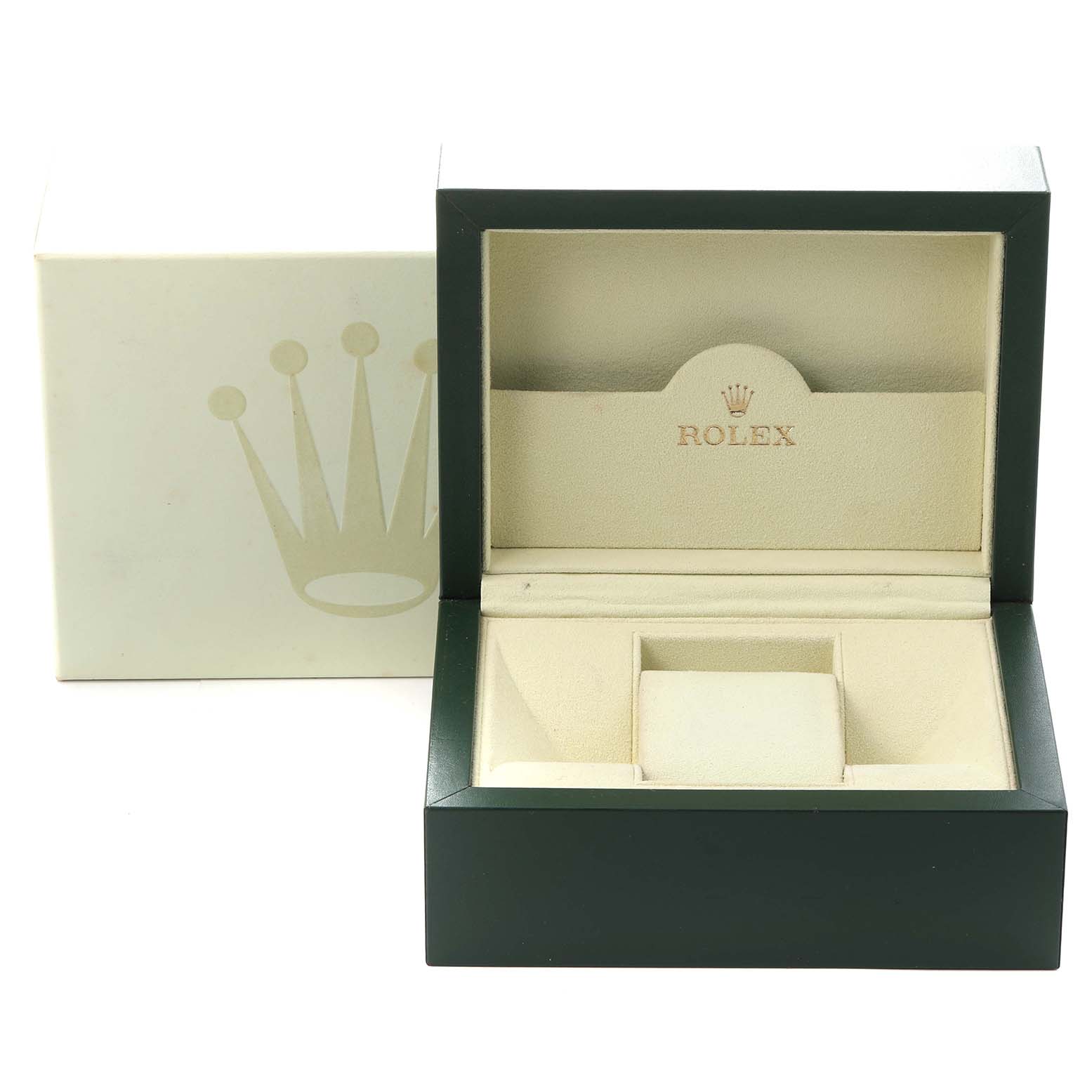 The image shows an open Rolex Turn-o-Graph 116264 Men
s Stainless Steel Black Dial 116264 Men
s Stainless Steel Black Dial watch box at a front angle, revealing the interior with a cushion slot for the watch.