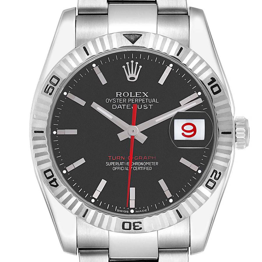 The Rolex Turn-o-Graph is shown from the front, featuring its bezel, dial, hands, and date display.