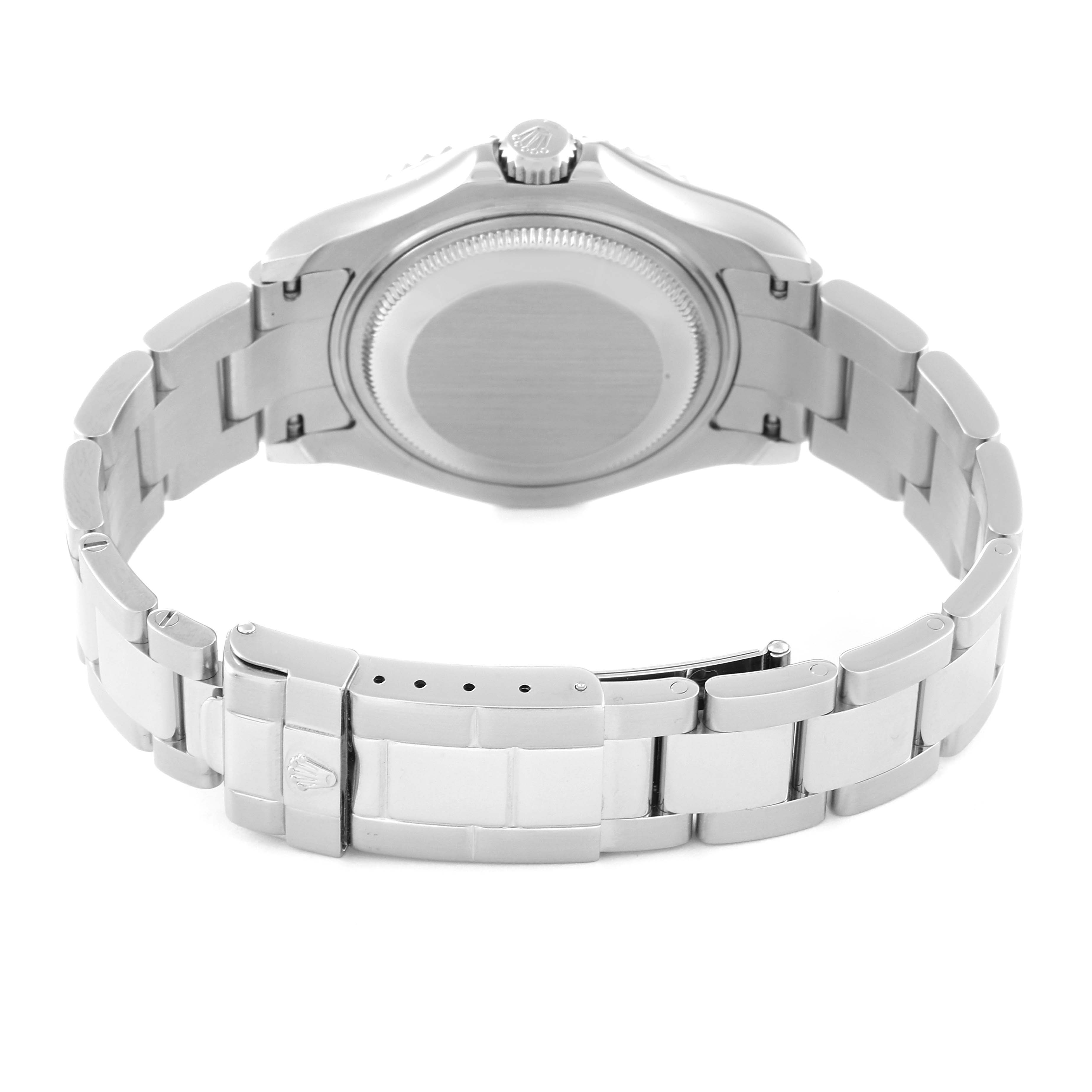 This image shows the back case and bracelet of a Rolex Yacht-Master 168622 Men
s Stainless Steel Silver Dial 168622 Men
s Stainless Steel Silver Dial watch from a rear angle.