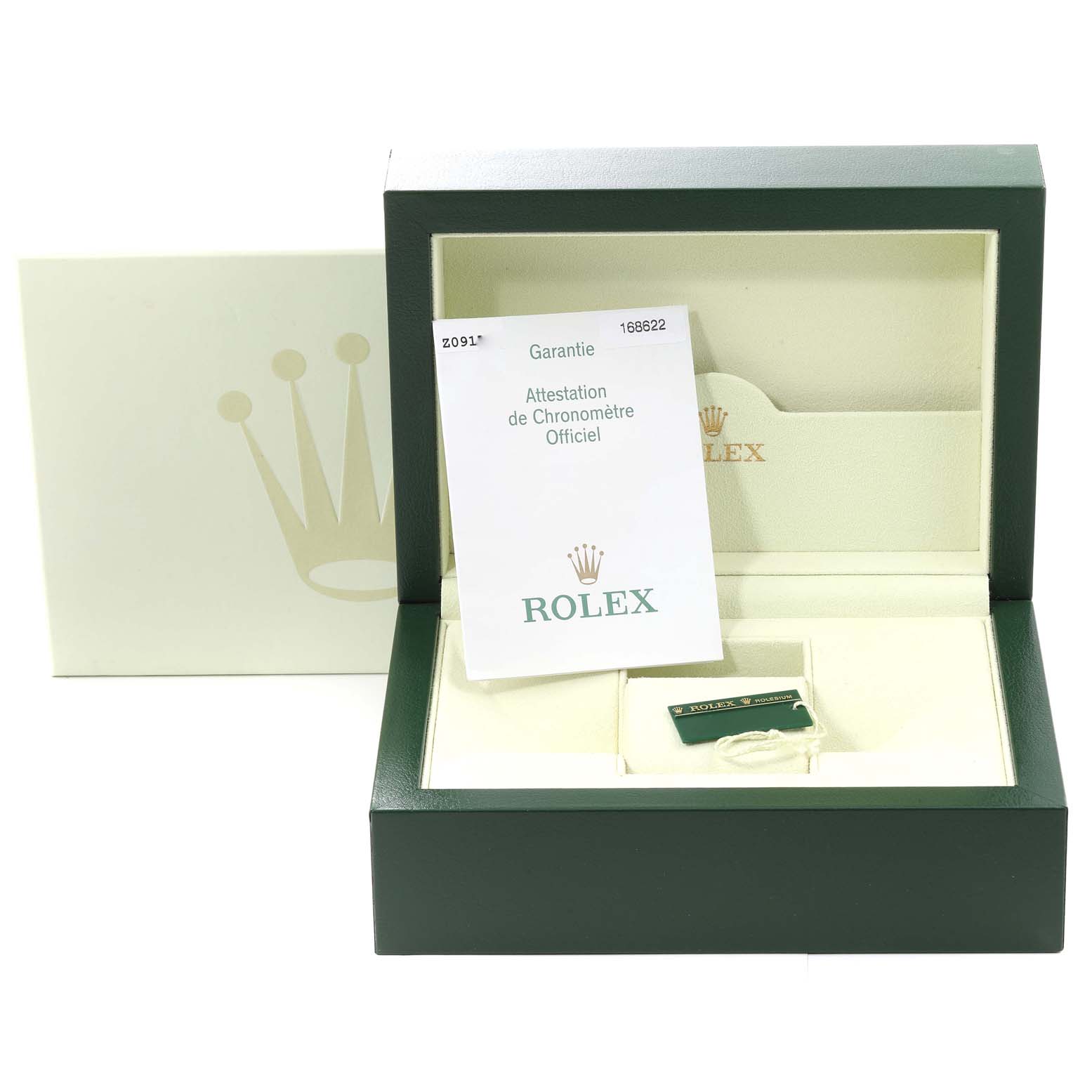 The image shows the open packaging box and official documentation for the Rolex Yacht-Master 168622 Men
s Stainless Steel Silver Dial 168622 Men
s Stainless Steel Silver Dial watch.