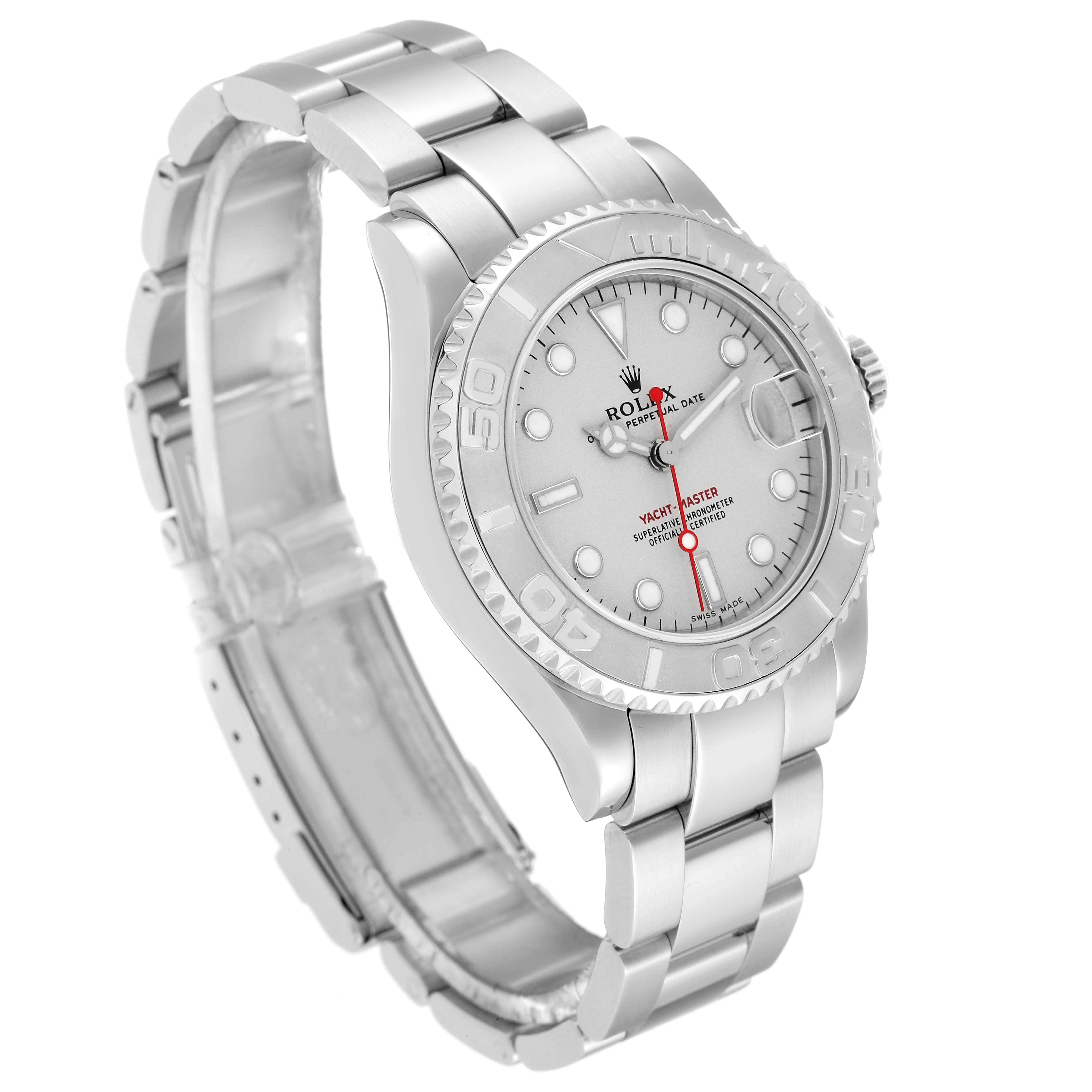 The Rolex Yacht-Master 168622 Men
s Stainless Steel Silver Dial 168622 Men
s Stainless Steel Silver Dial watch is shown at a slight angle, displaying the face, bezel, and bracelet prominently.