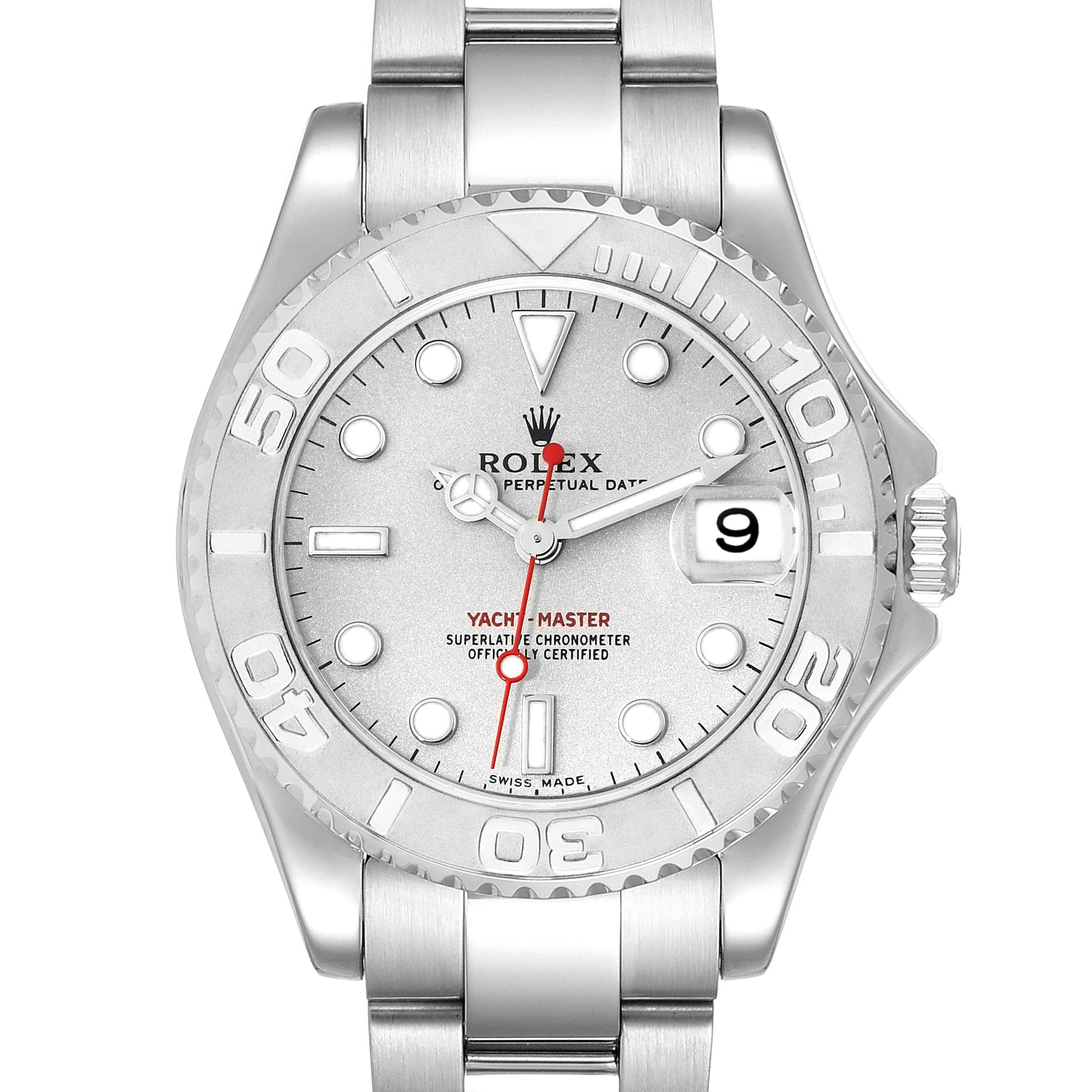 The image shows a straight-on view of the Rolex Yacht-Master 168622 Men
s Stainless Steel Silver Dial 168622 Men
s Stainless Steel Silver Dial watch, highlighting the dial, bezel, and part of the bracelet.