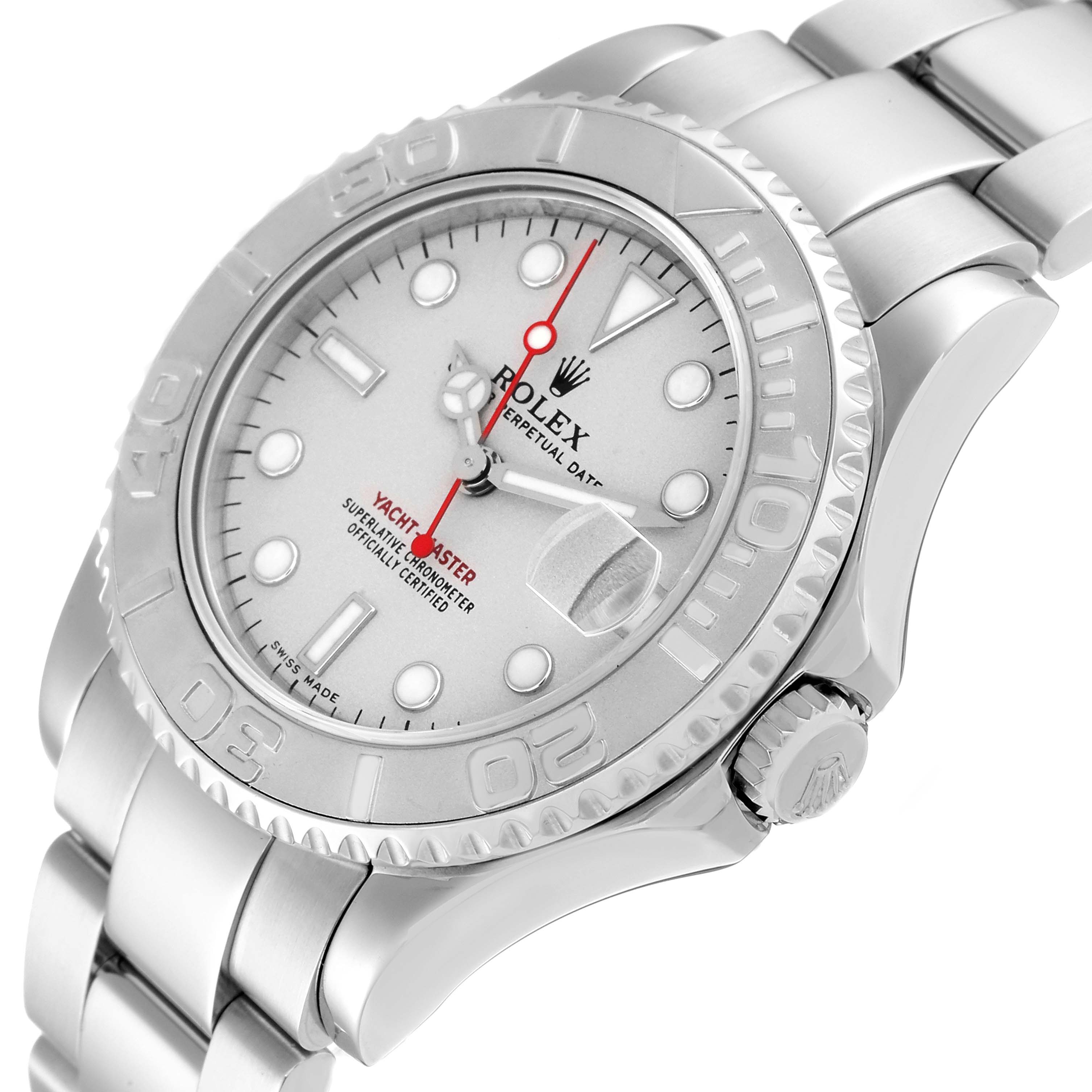 The image shows a close-up angled view of the face and part of the bracelet of a Rolex Yacht-Master 168622 Men
s Stainless Steel Silver Dial 168622 Men
s Stainless Steel Silver Dial watch.