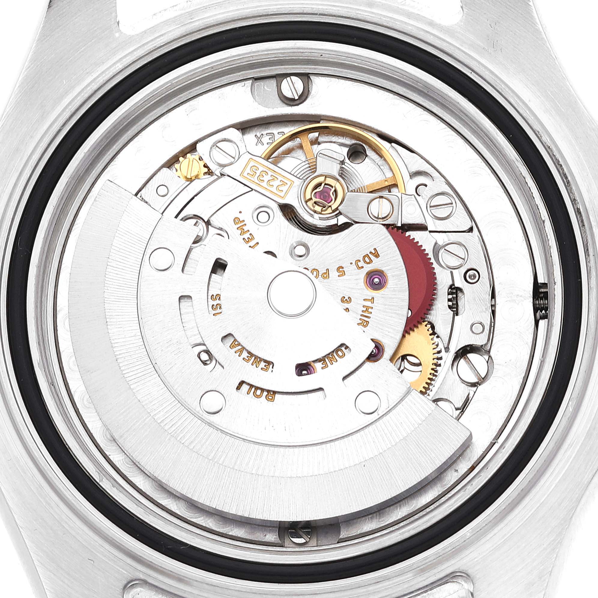 This image shows the movement mechanism of a Rolex Yacht-Master 168622 Men
s Stainless Steel Silver Dial 168622 Men
s Stainless Steel Silver Dial watch viewed from the back, highlighting various components and gears.