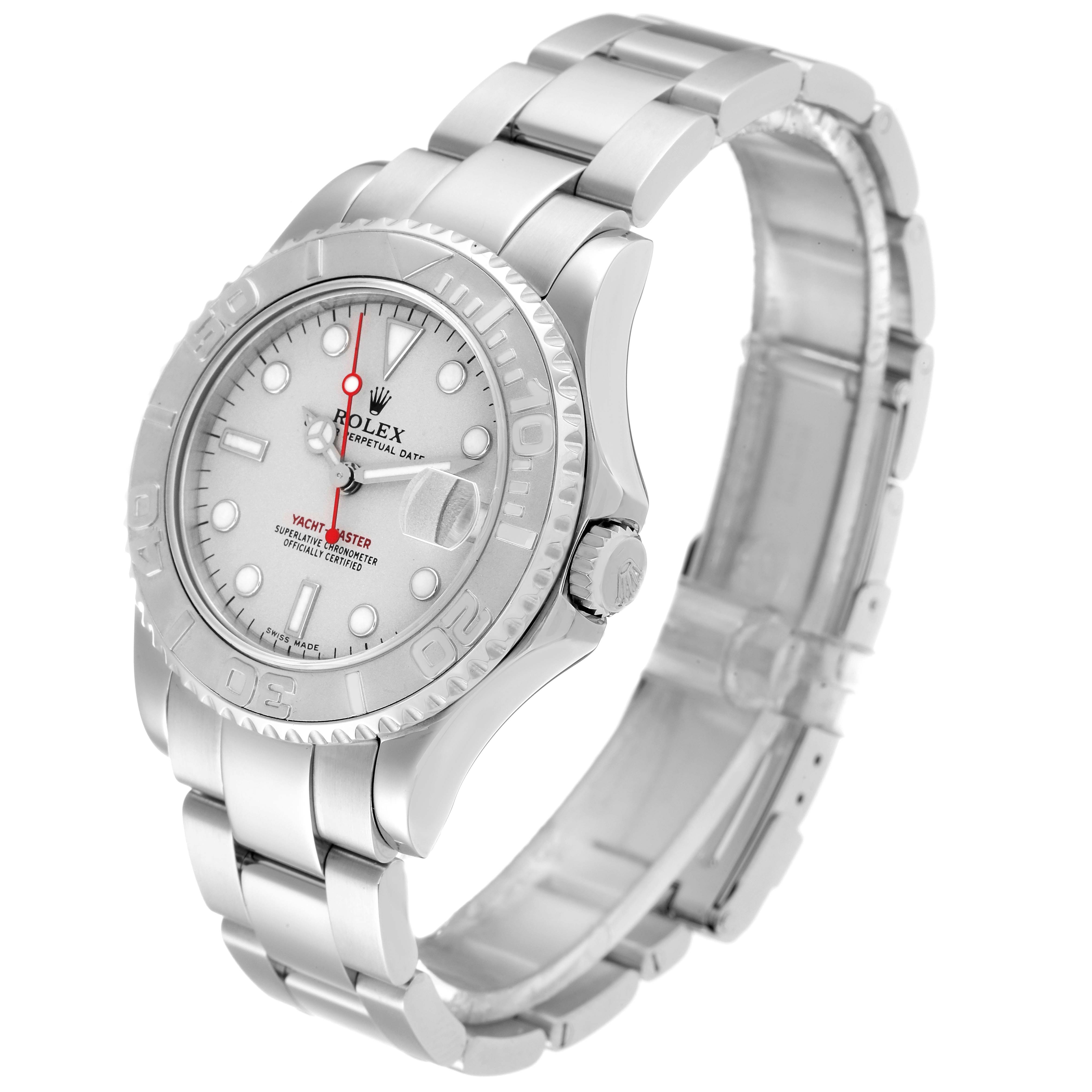 This Rolex Yacht-Master 168622 Men
s Stainless Steel Silver Dial 168622 Men
s Stainless Steel Silver Dial watch is shown at a three-quarter angle, displaying the face, bezel, crown, and bracelet.