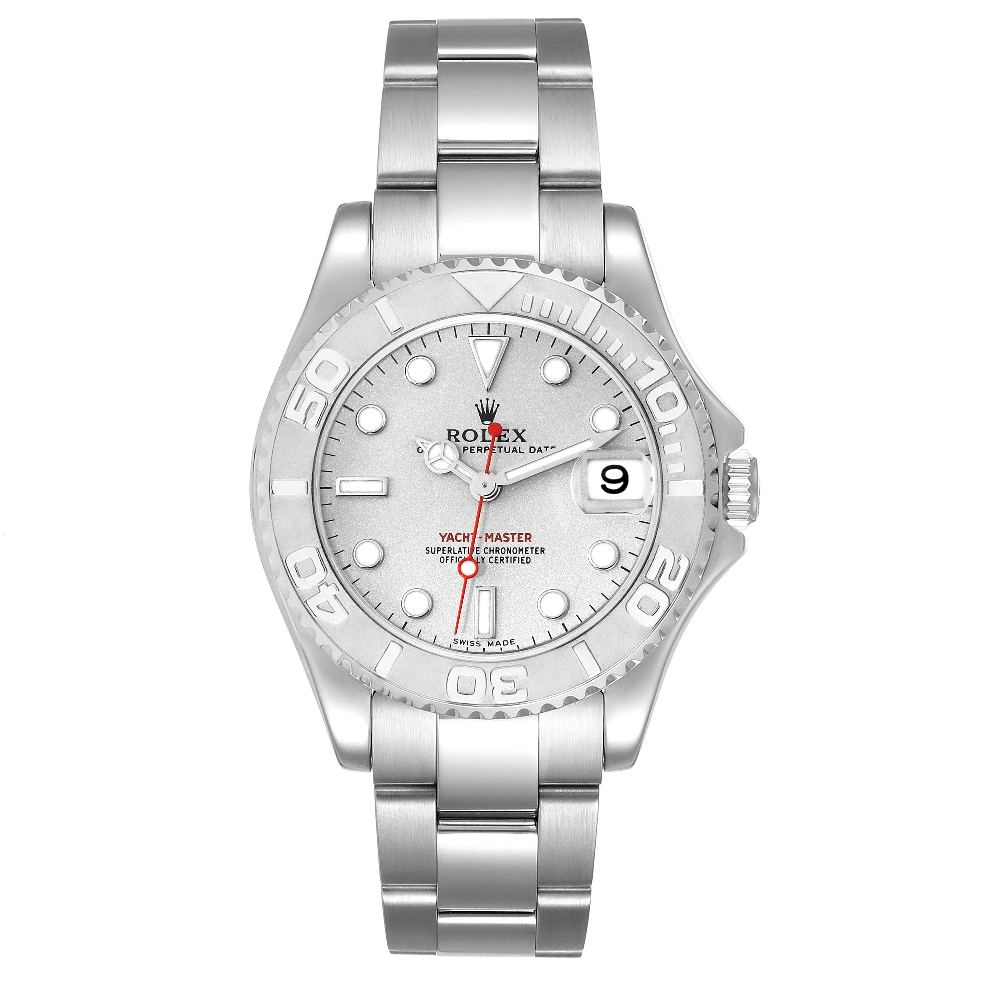 The image shows a front view of a Rolex Yacht-Master 168622 Men
s Stainless Steel Silver Dial 168622 Men
s Stainless Steel Silver Dial watch, highlighting the dial, bezel, and bracelet.