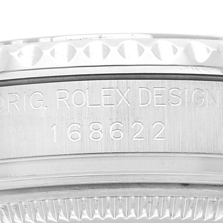 This image shows a close-up of the case side with engravings for the Rolex Yacht-Master 168622 Men
s Stainless Steel Silver Dial 168622 Men
s Stainless Steel Silver Dial model 168622.