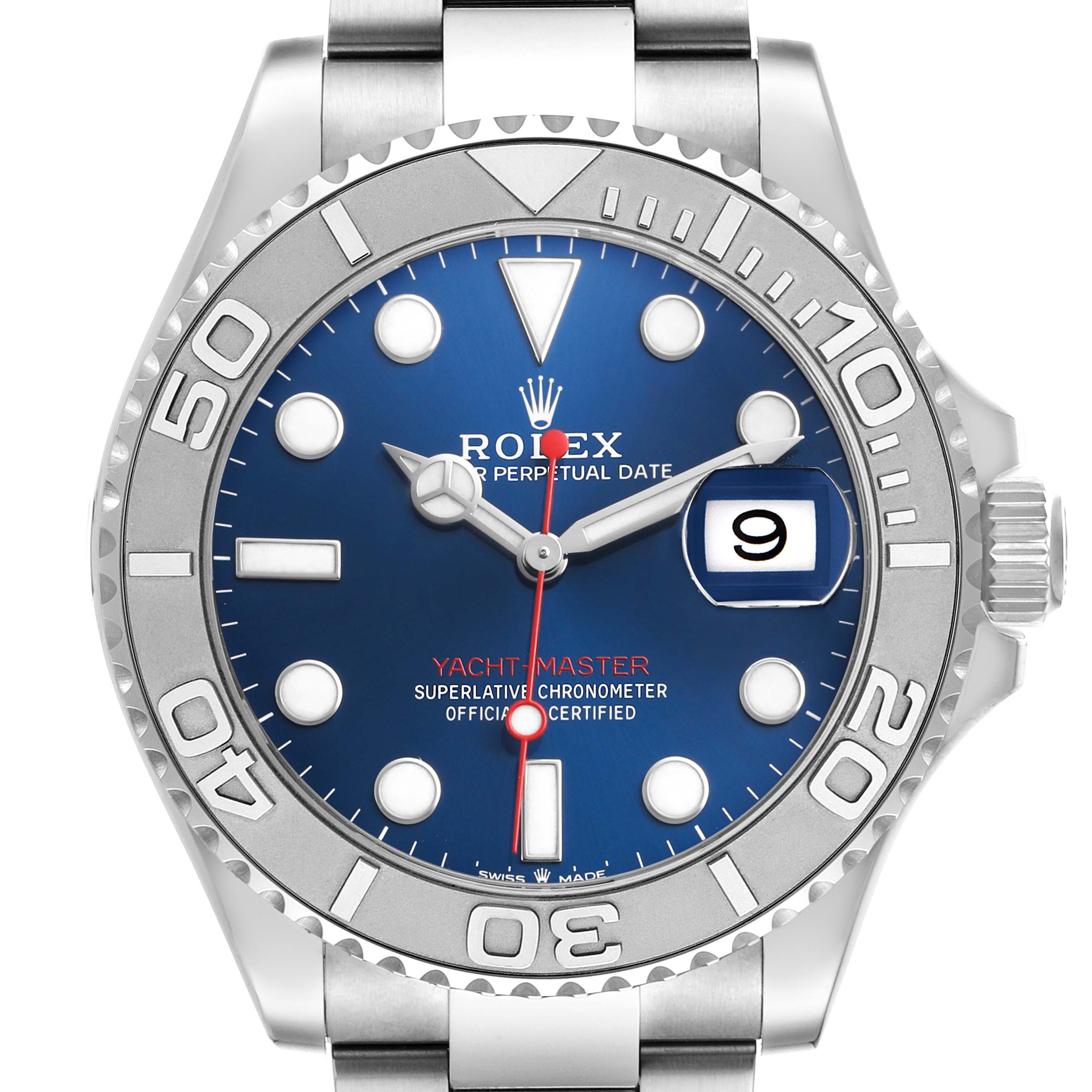 The Rolex Yacht-Master 126622 Men's Stainless Steel Blue Dial watch is shown from the front, displaying the dial, hands, bezel, and date.