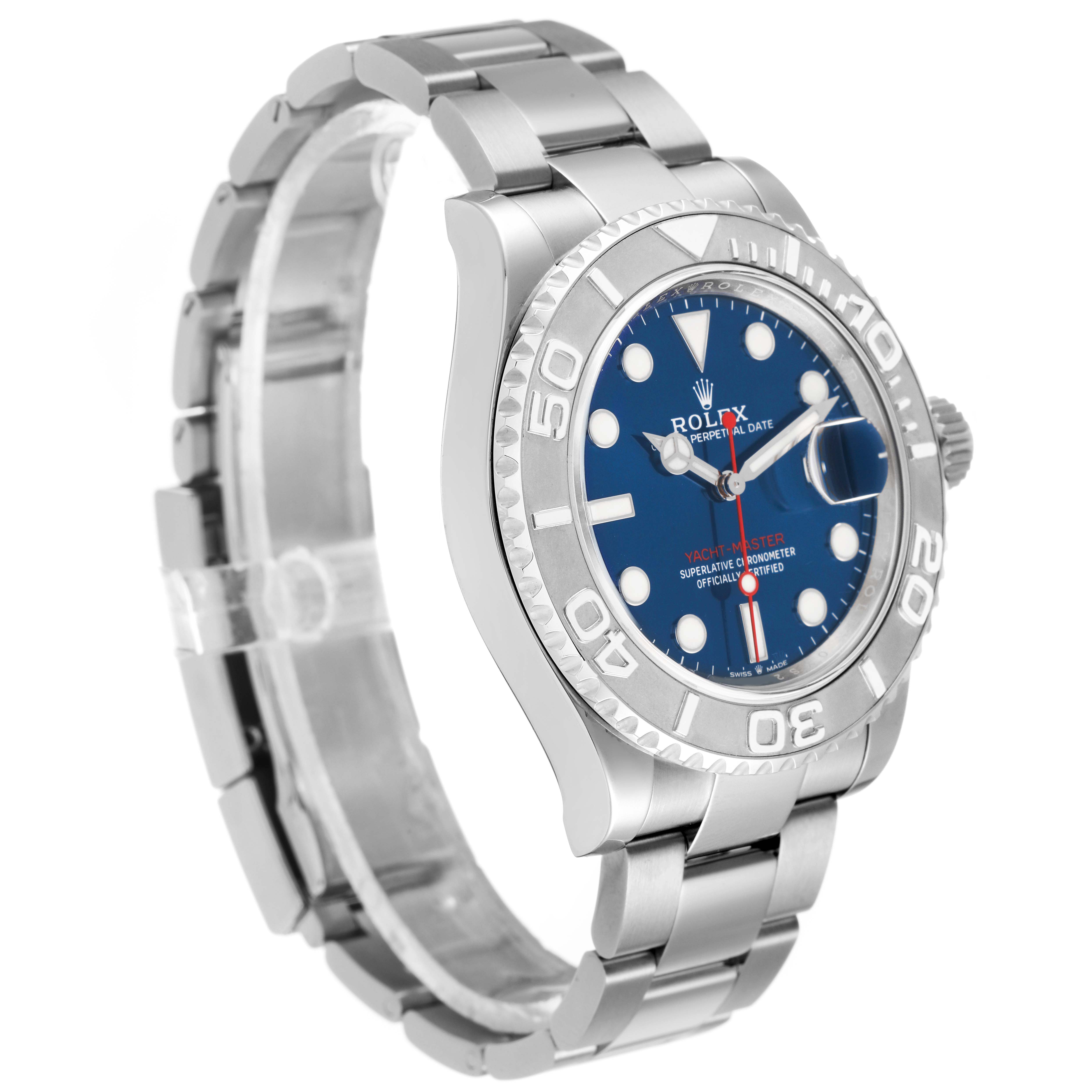 The Rolex Yacht-Master 126622 Men's Stainless Steel Blue Dial is shown at a three-quarter angle, highlighting the bezel, face, and partial bracelet.