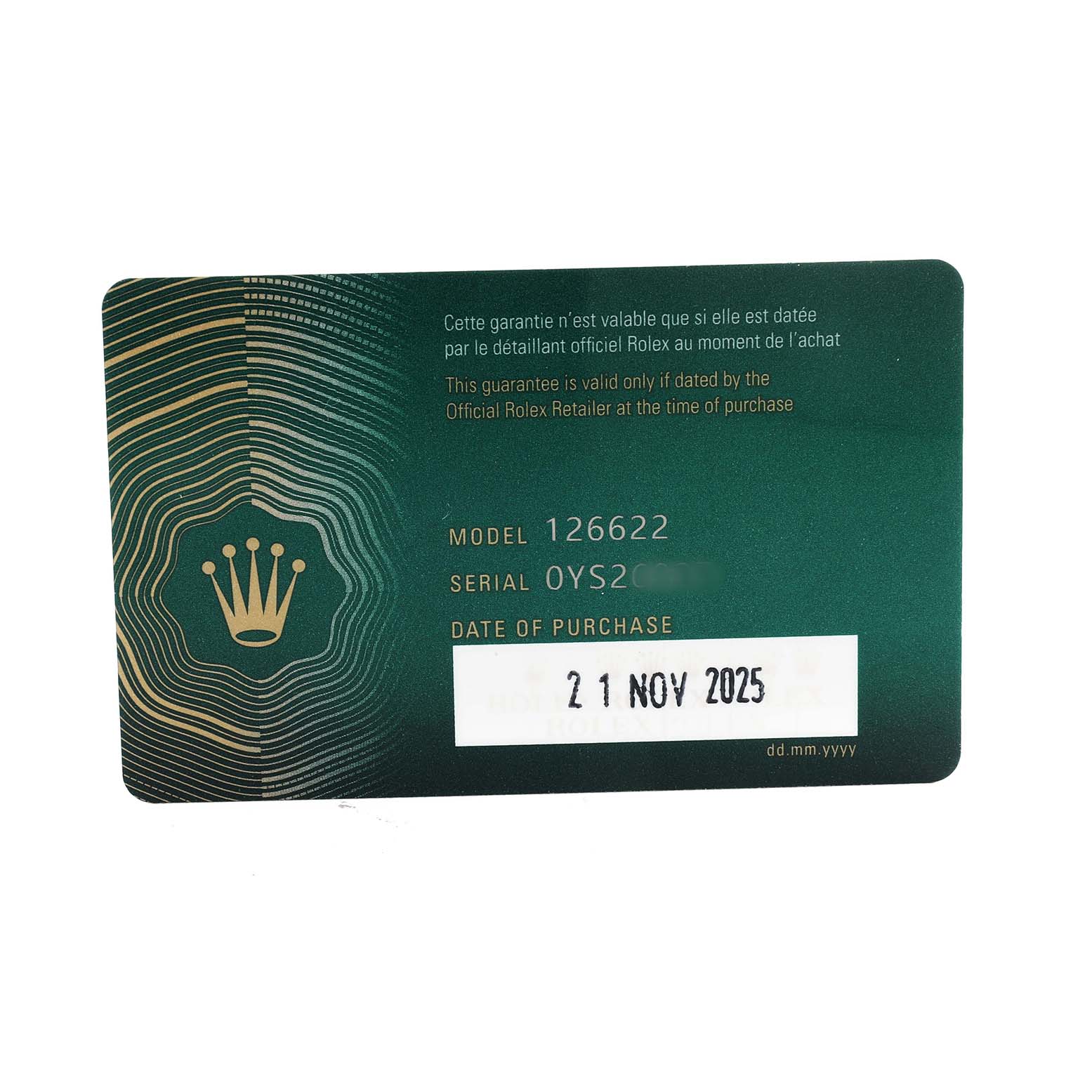 The image shows a warranty card for the Rolex Yacht-Master 126622 Men's Stainless Steel Blue Dial, displaying the model and serial numbers, and purchase date.