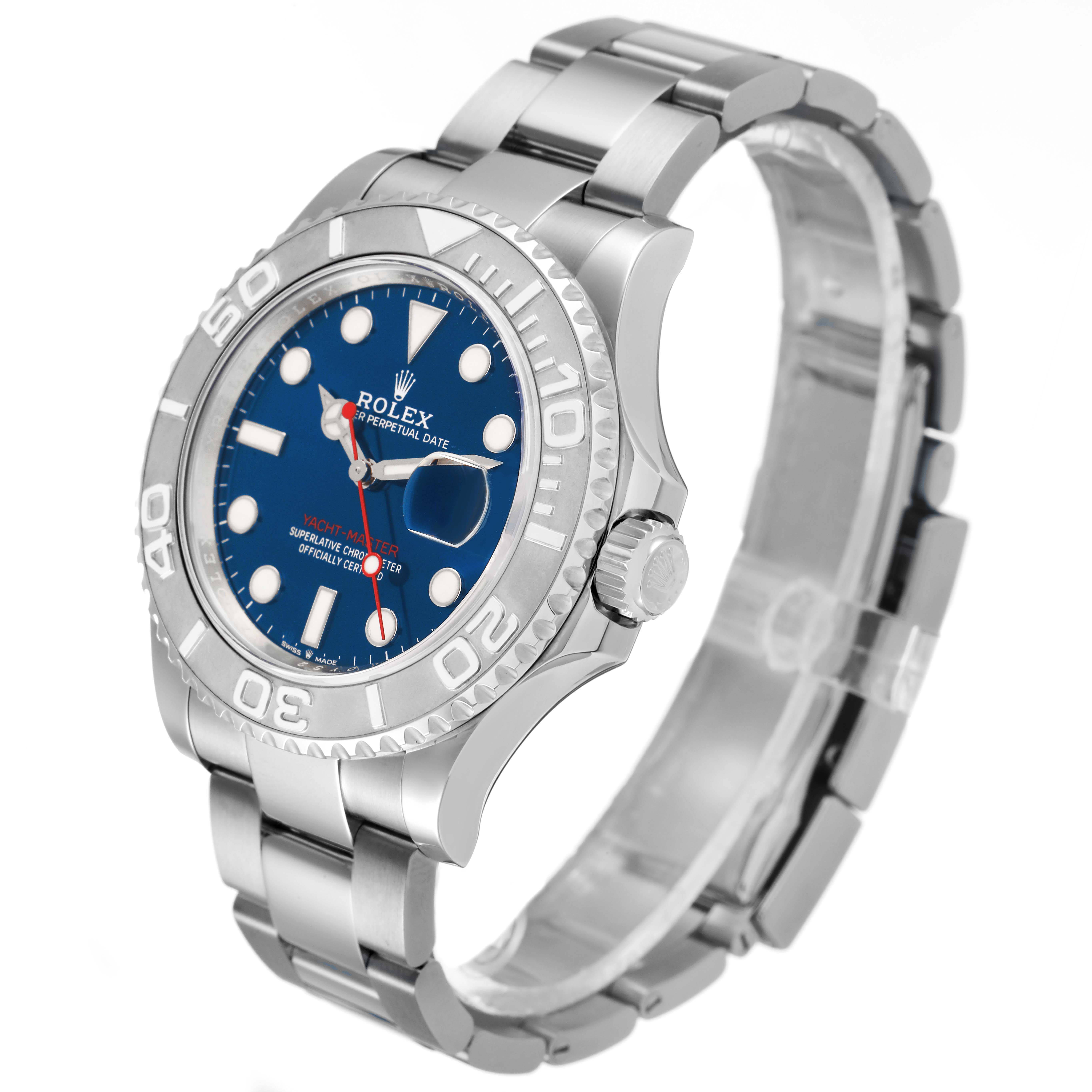 The Rolex Yacht-Master 126622 Men's Stainless Steel Blue Dial watch is shown at a three-quarter angle, displaying the dial, bezel, and bracelet.
