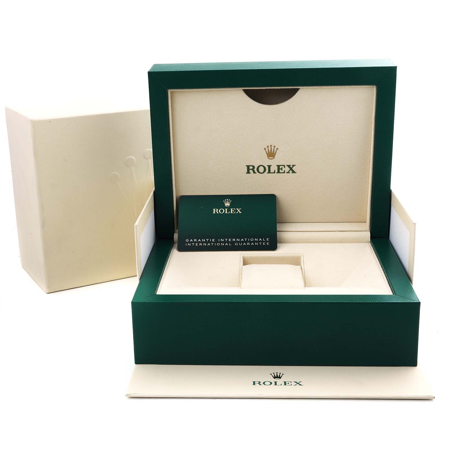 The image shows the open presentation box and warranty card for a Rolex Yacht-Master 126622 Men's Stainless Steel Blue Dial watch.