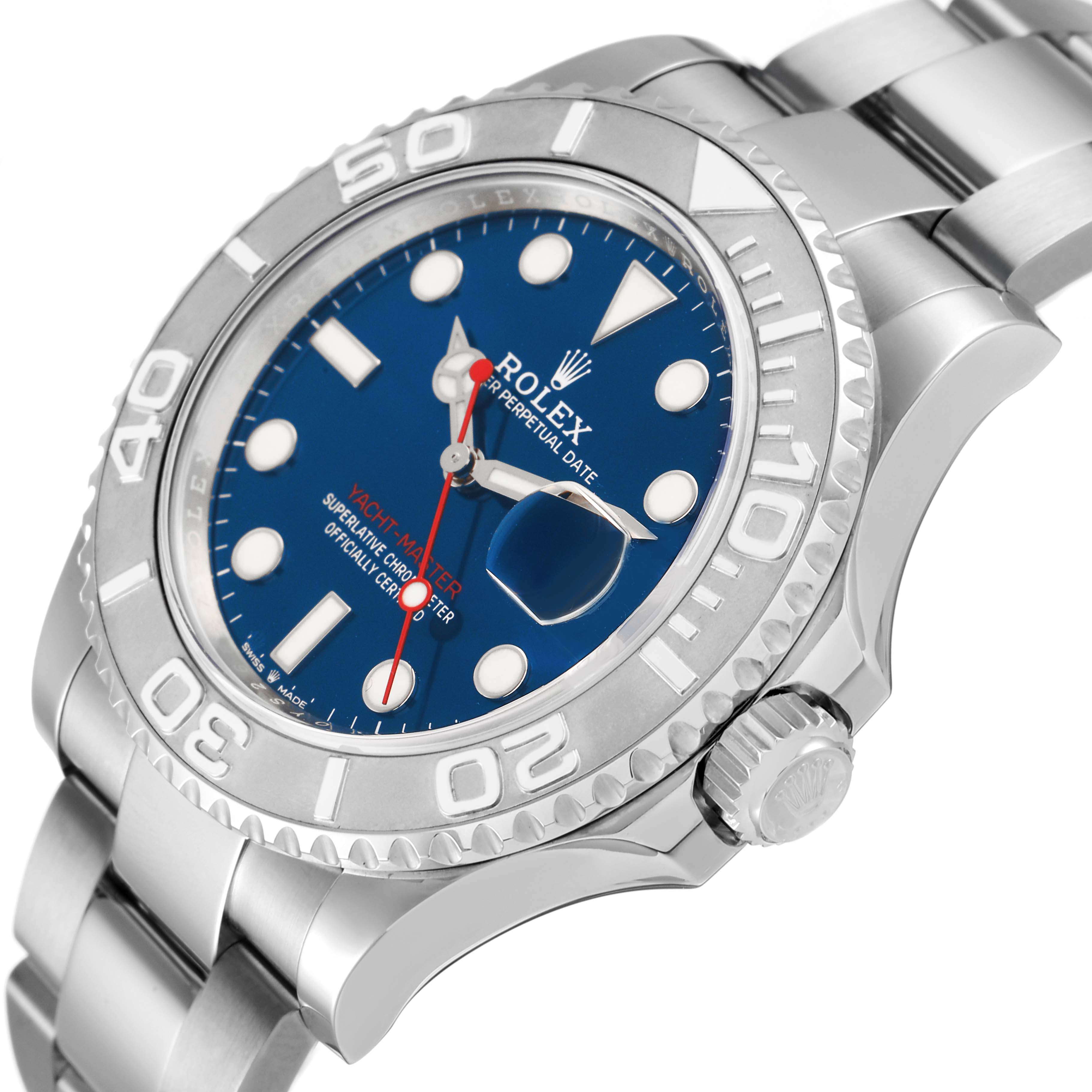 The Rolex Yacht-Master 126622 Men's Stainless Steel Blue Dial watch is shown at an angled side view, highlighting the bezel, crown, and bracelet.