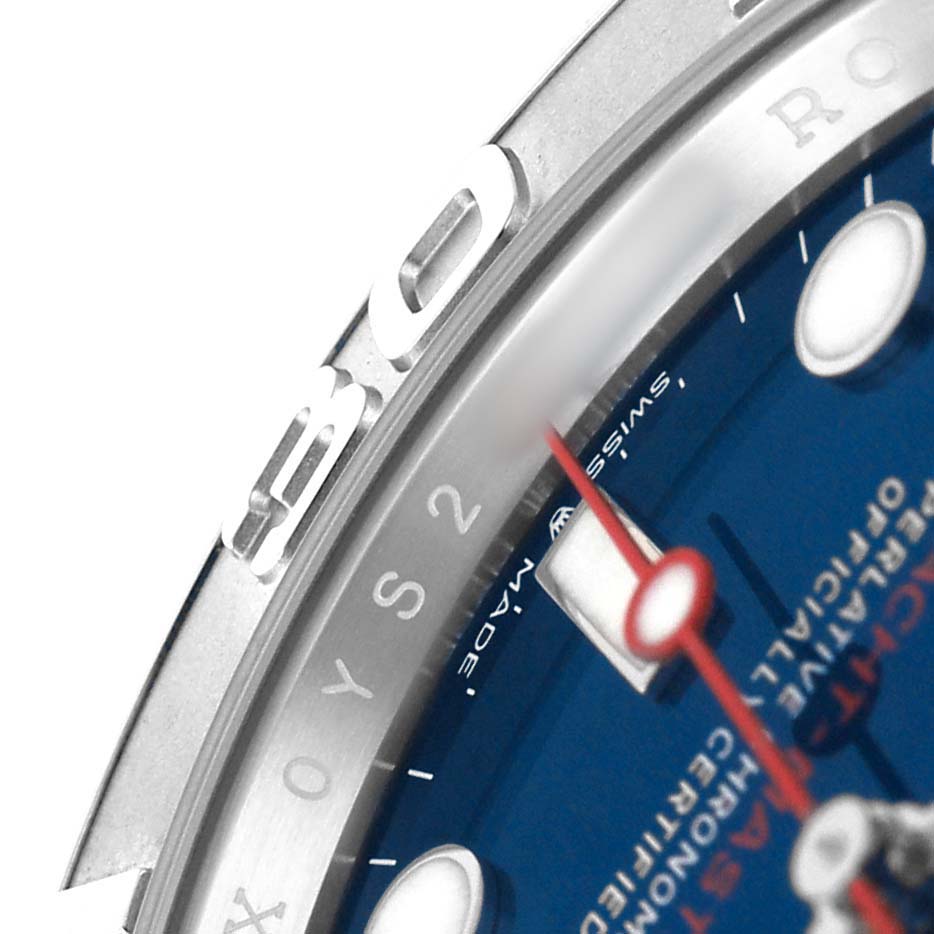 The image shows a close-up of the bezel and part of the dial of a Rolex Yacht-Master 126622 Men's Stainless Steel Blue Dial watch, highlighting the numbering and markers.