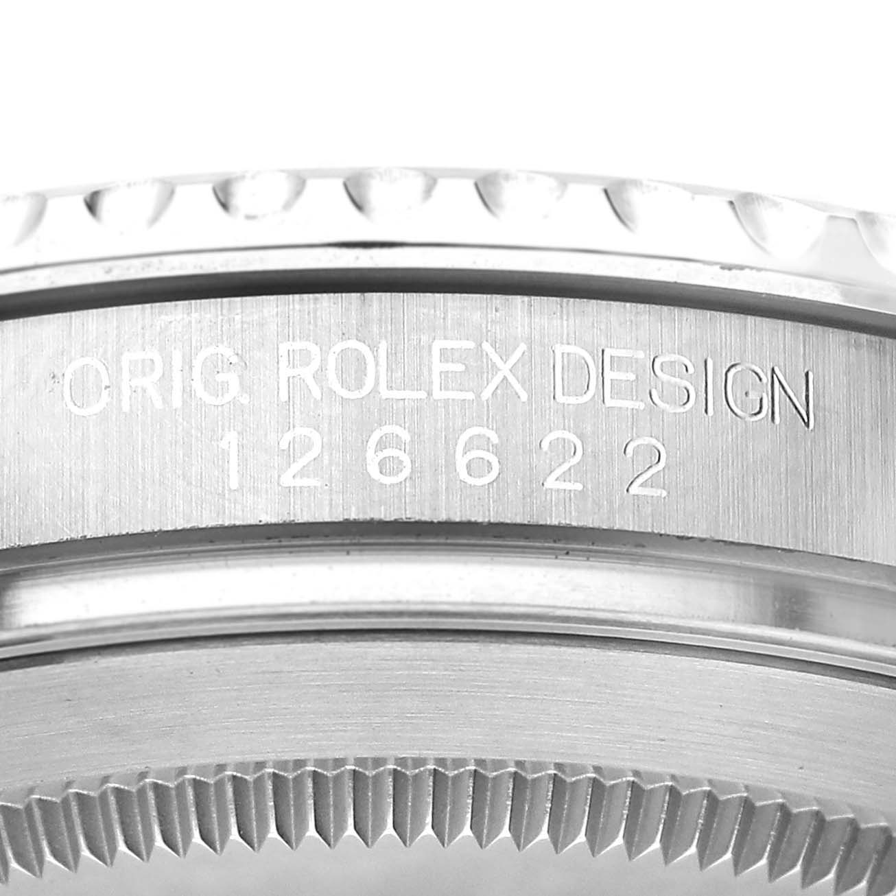 The image shows a close-up of the side case with engraving, emphasizing the serial number of the Rolex Yacht-Master 126622 Men's Stainless Steel Blue Dial watch.