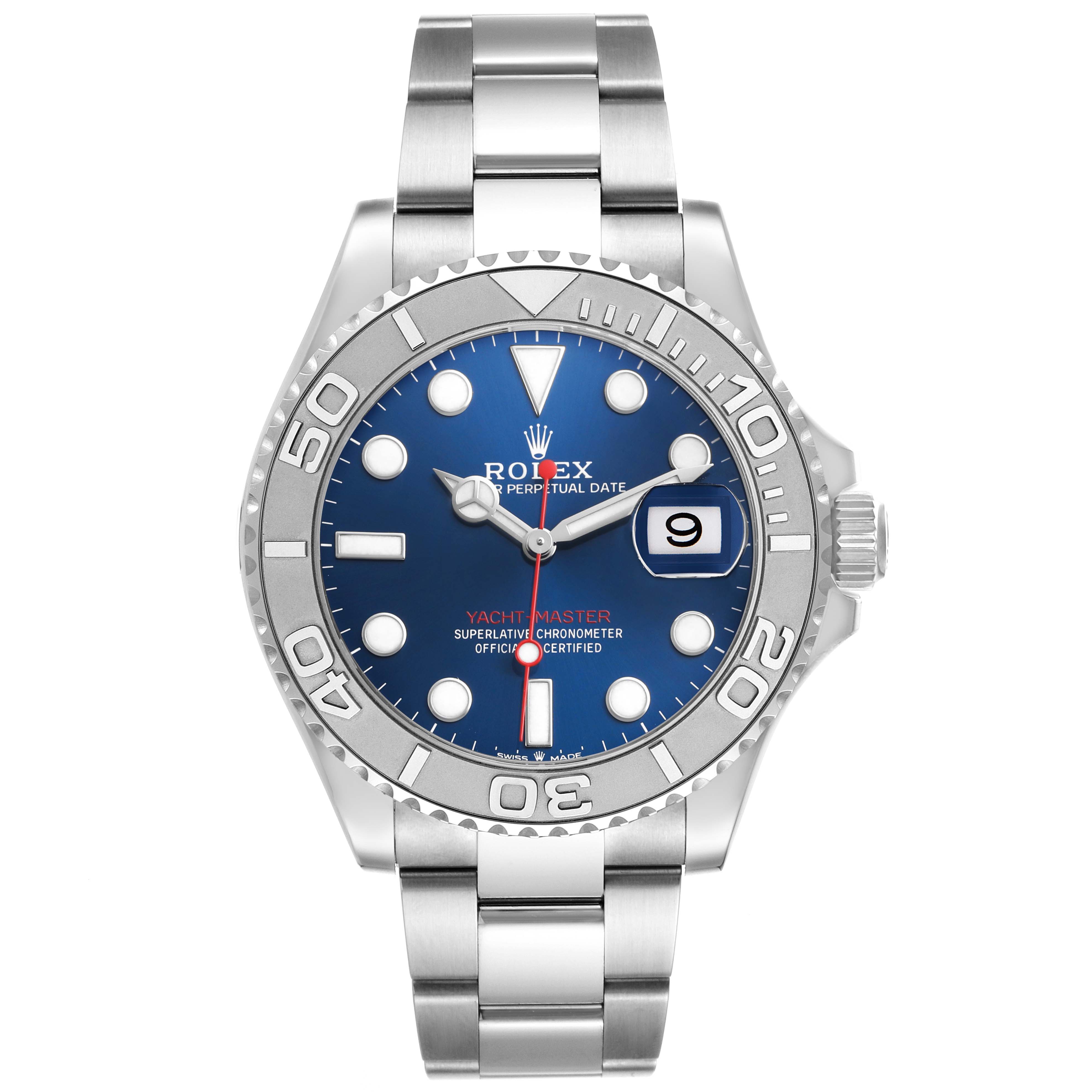 The Rolex Yacht-Master 126622 Men's Stainless Steel Blue Dial watch is shown from a straight-on angle, displaying the face, bezel, and bracelet clearly.