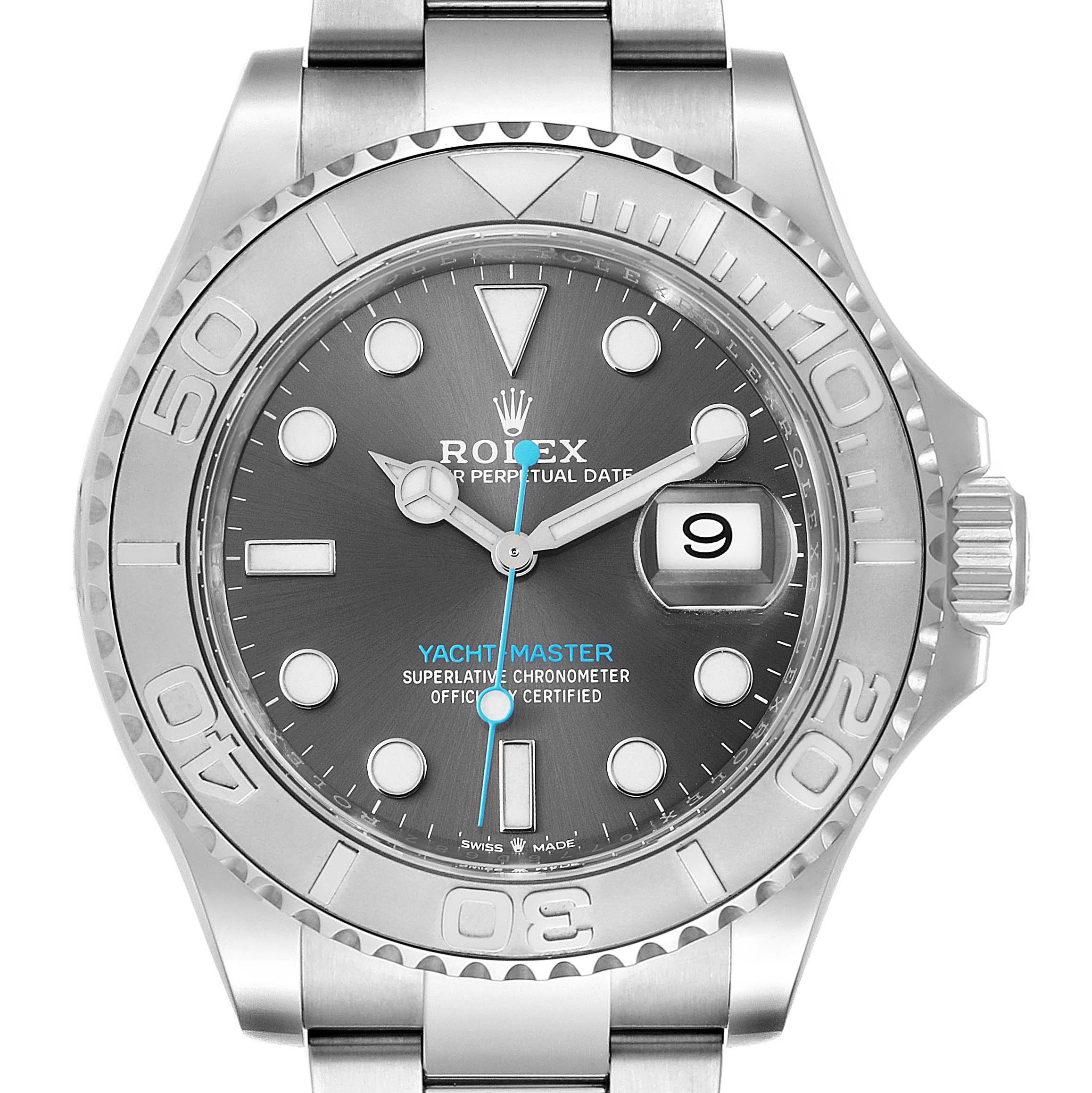 The image shows a front view of a Rolex Yacht-Master 126622 Men
s Stainless Steel Grey Dial 126622 Men
s Stainless Steel Grey Dial watch, highlighting its dial, bezel, and bracelet.