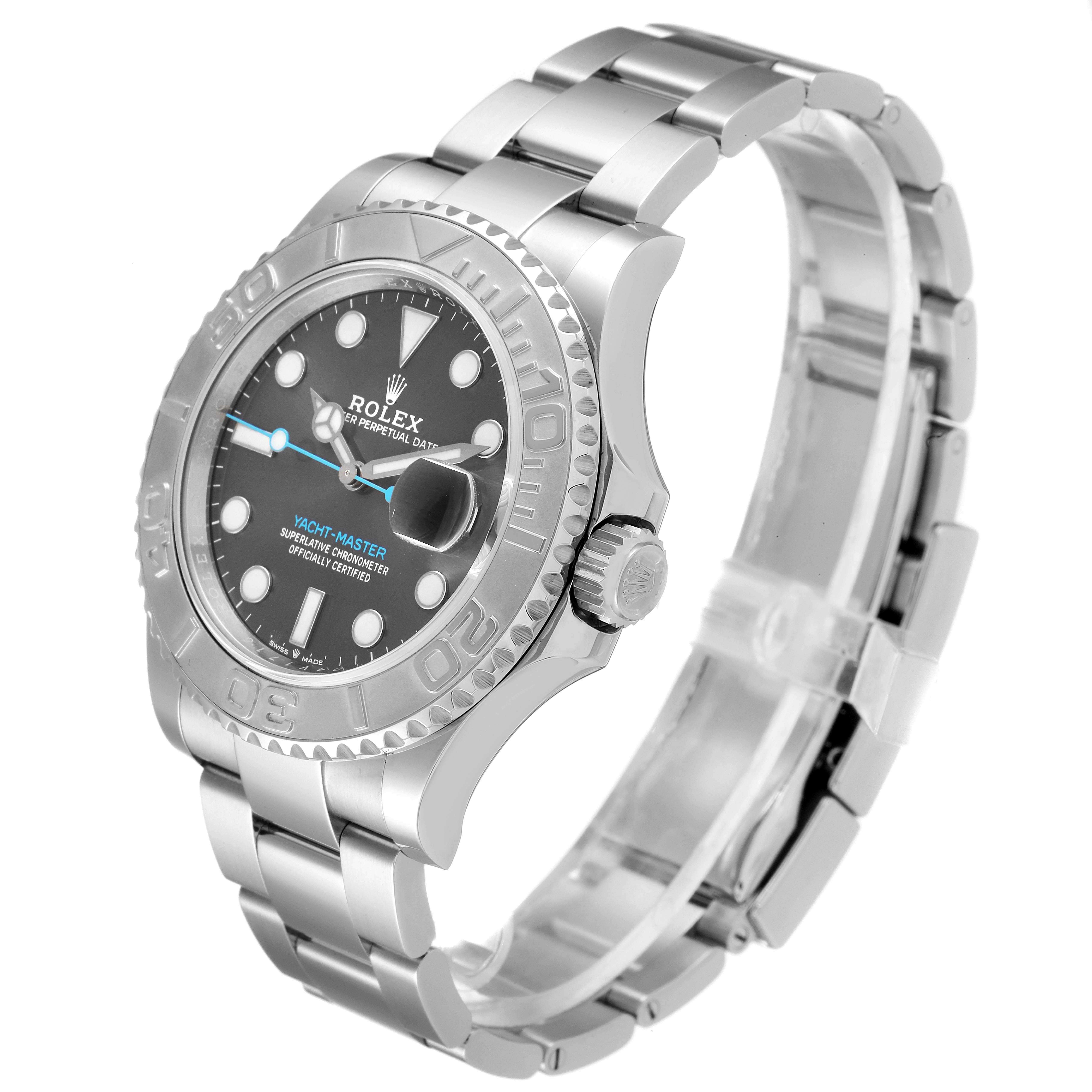 The Rolex Yacht-Master 126622 Men
s Stainless Steel Grey Dial 126622 Men
s Stainless Steel Grey Dial watch is shown at a three-quarter angle, highlighting the dial, bezel, crown, and part of the bracelet.