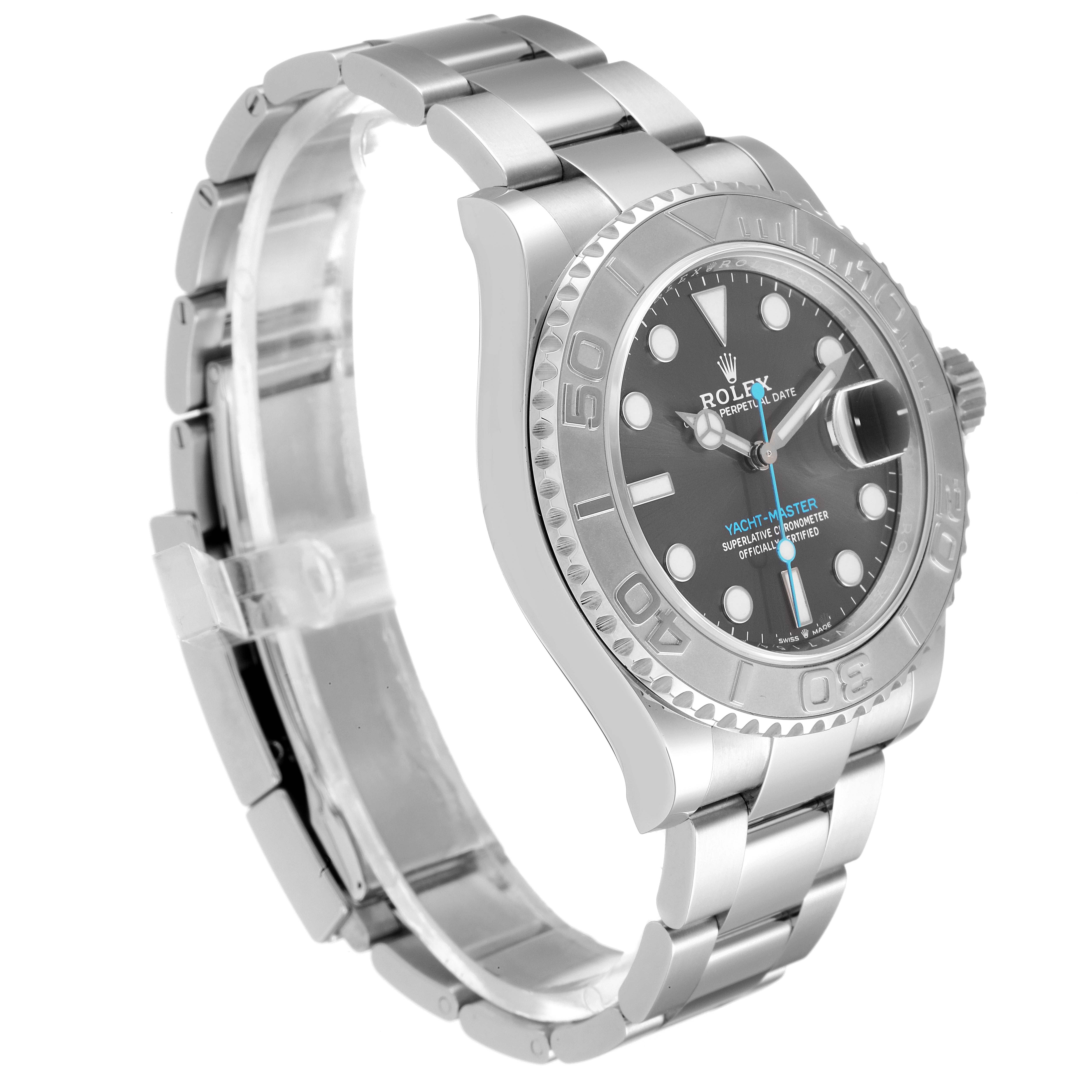 The image shows a Rolex Yacht-Master 126622 Men
s Stainless Steel Grey Dial 126622 Men
s Stainless Steel Grey Dial watch from a front-side angle, highlighting its face, bezel, and bracelet.