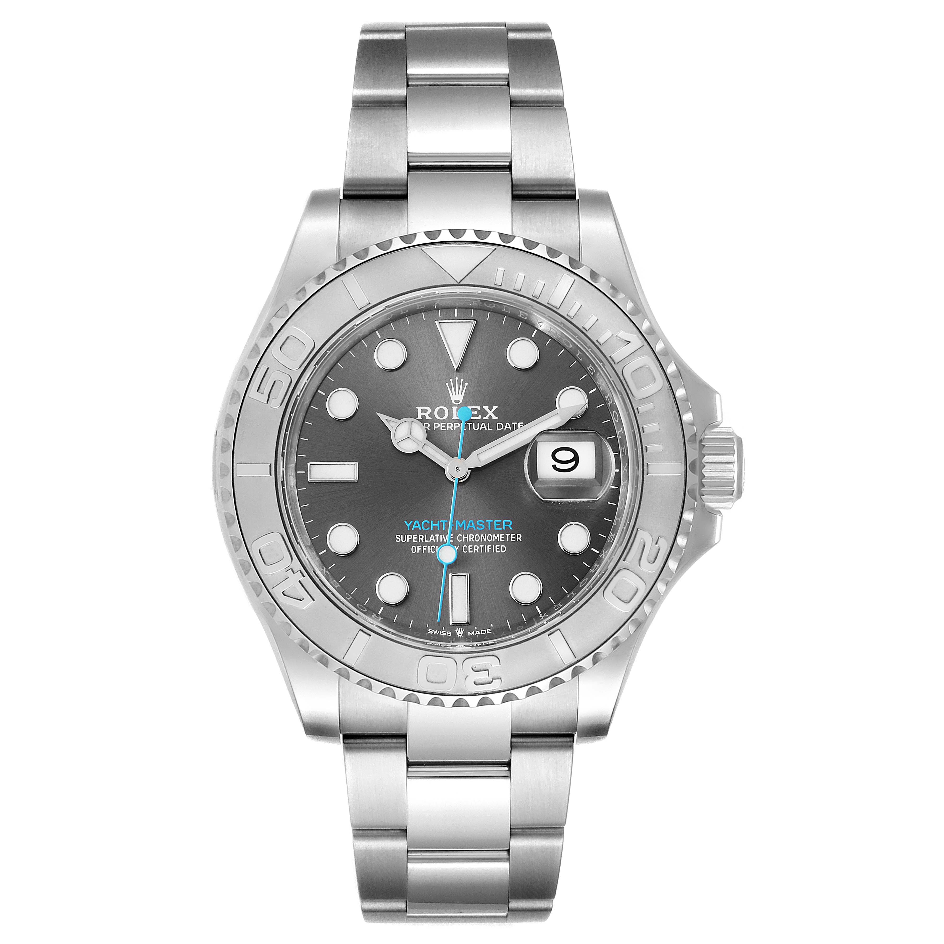 The image shows a front view of the Rolex Yacht-Master 126622 Men
s Stainless Steel Grey Dial 126622 Men
s Stainless Steel Grey Dial watch, highlighting its dial, bezel, bracelet, and date window.