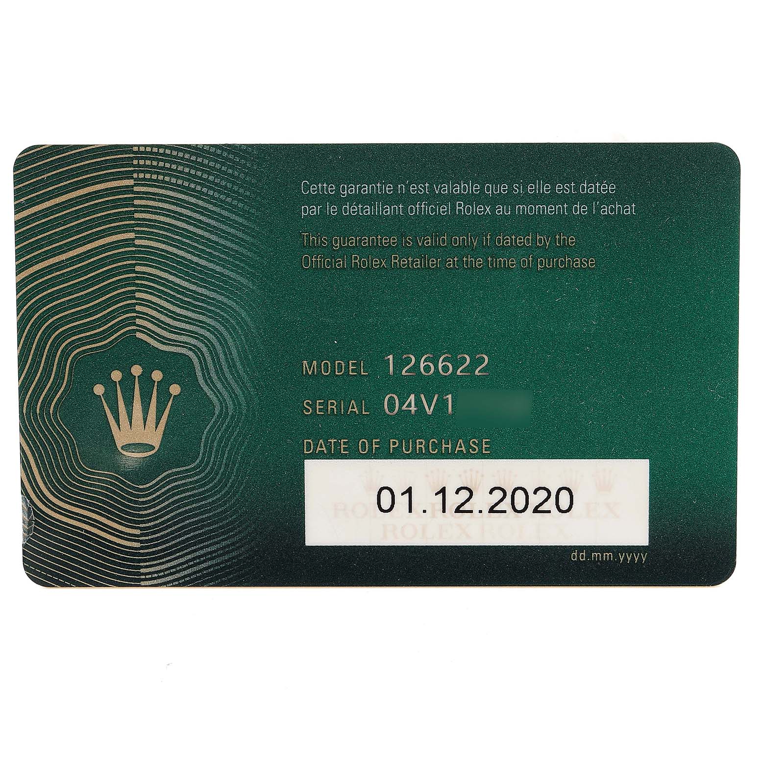 This is an official warranty card for the Rolex Yacht-Master 126622 Men
s Stainless Steel Grey Dial 126622 Men
s Stainless Steel Grey Dial model 126622, showing serial number and date of purchase.