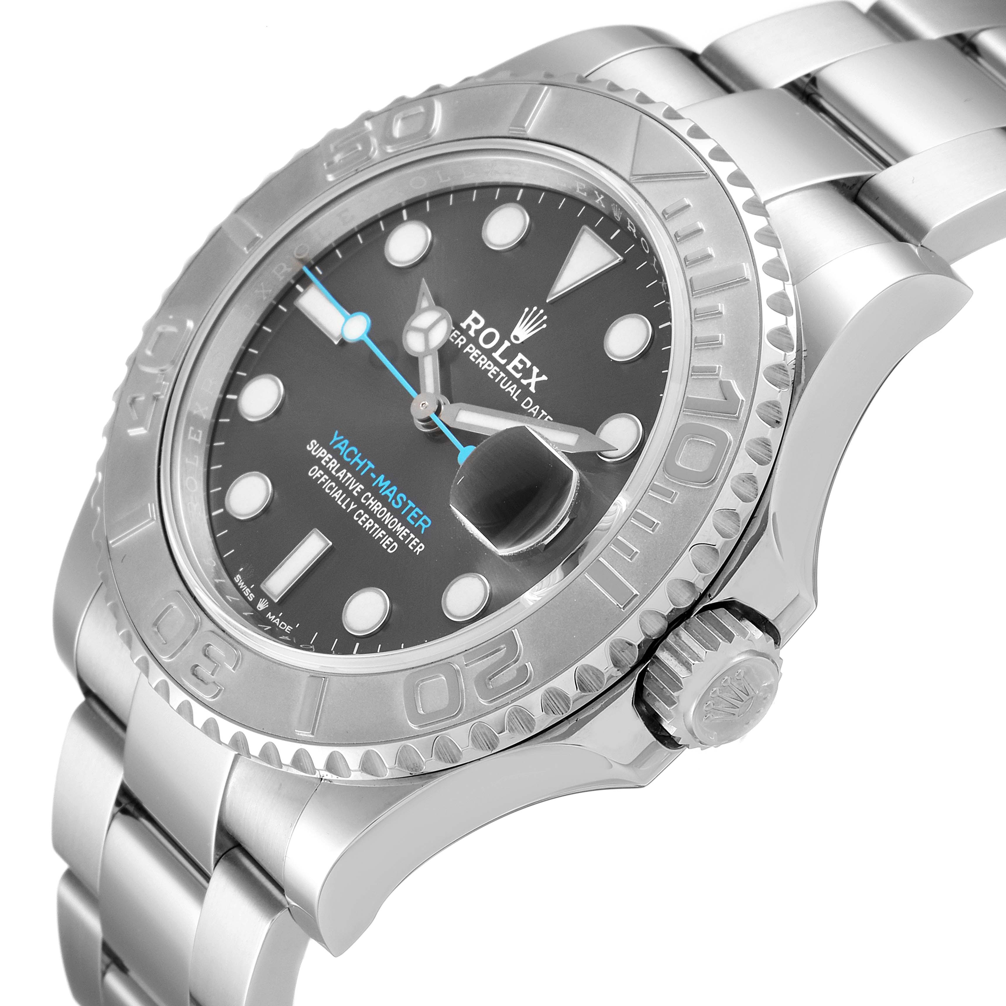 The image shows a Rolex Yacht-Master 126622 Men
s Stainless Steel Grey Dial 126622 Men
s Stainless Steel Grey Dial watch at an angled view, highlighting the dial, bezel, crown, and part of the bracelet.