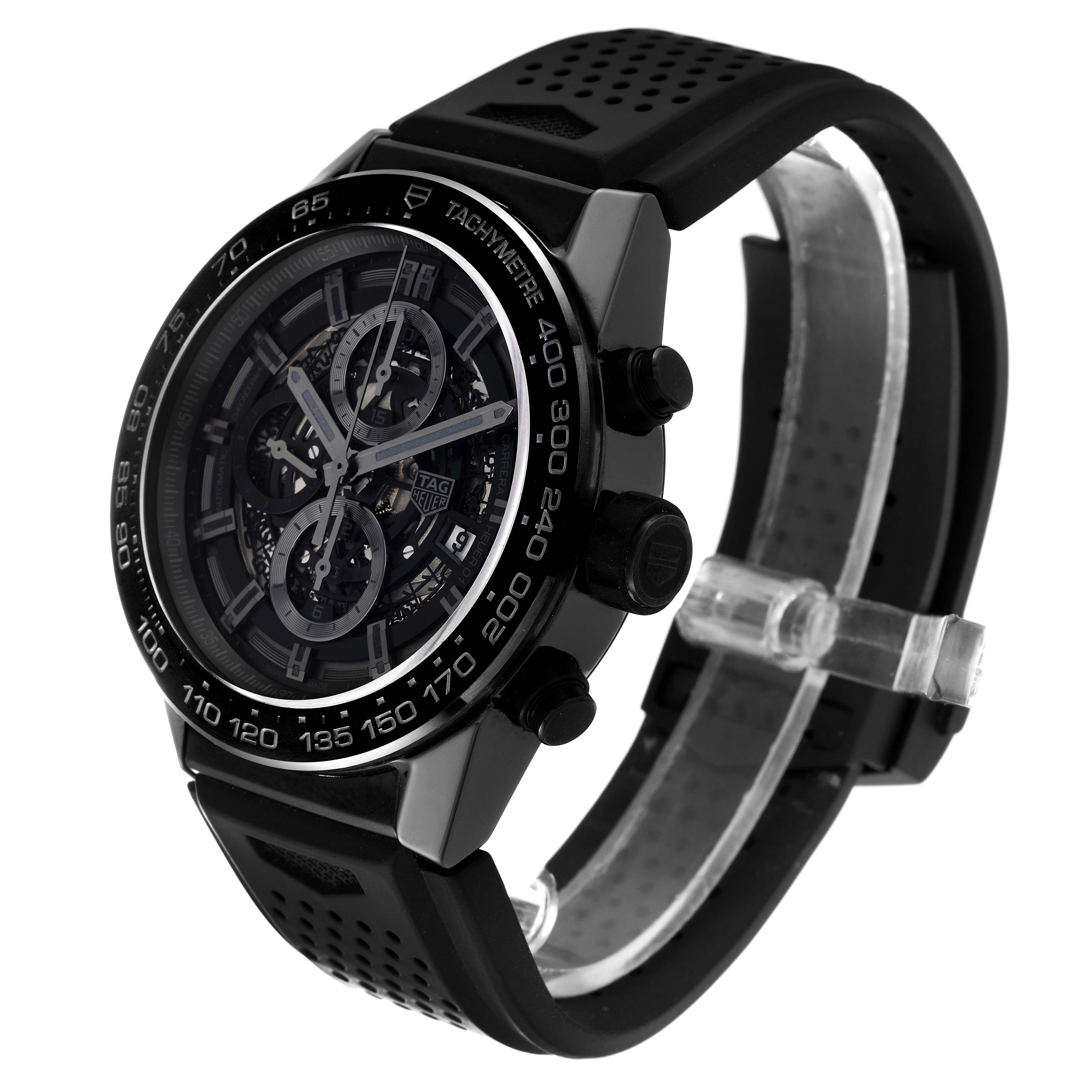 The Tag Heuer Carrera CAR2A90.FT6071 Men's Ceramic Transparent Dial CAR2A90.FT6071 Men's Ceramic Transparent Dial watch is shown from a three-quarter angle, displaying the face, bezel, and black strap.