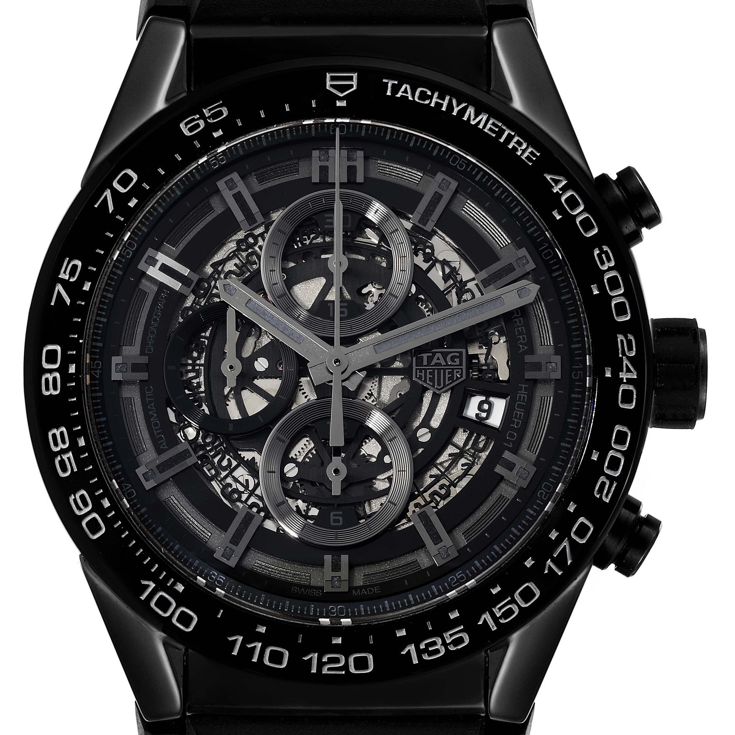 The image shows a front view of the Tag Heuer Carrera CAR2A90.FT6071 Men's Ceramic Transparent Dial CAR2A90.FT6071 Men's Ceramic Transparent Dial watch, highlighting its tachymeter bezel and intricate dial design.