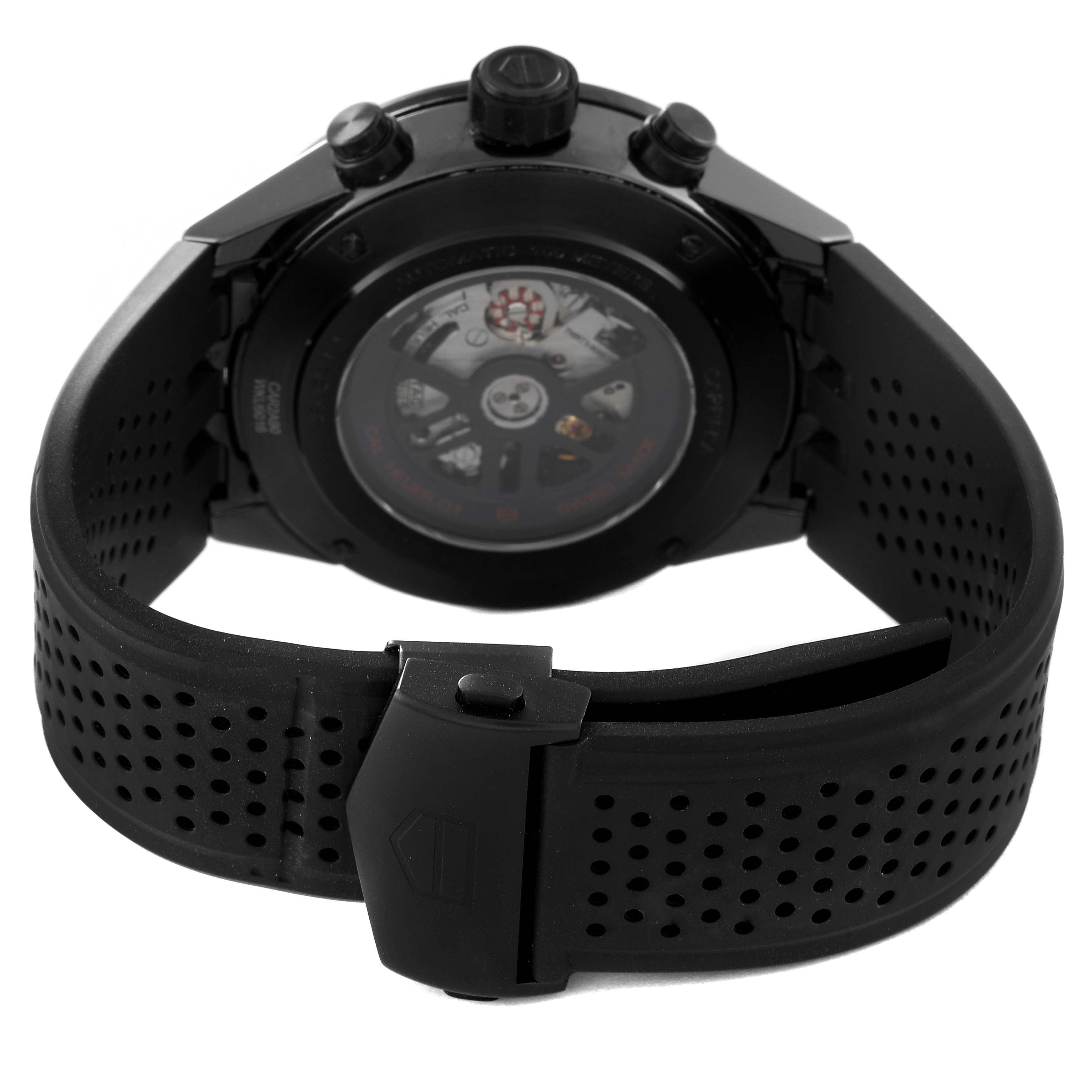 The image shows the back view of a Tag Heuer Carrera CAR2A90.FT6071 Men's Ceramic Transparent Dial CAR2A90.FT6071 Men's Ceramic Transparent Dial watch, highlighting the buckle, strap, and the transparent case back.