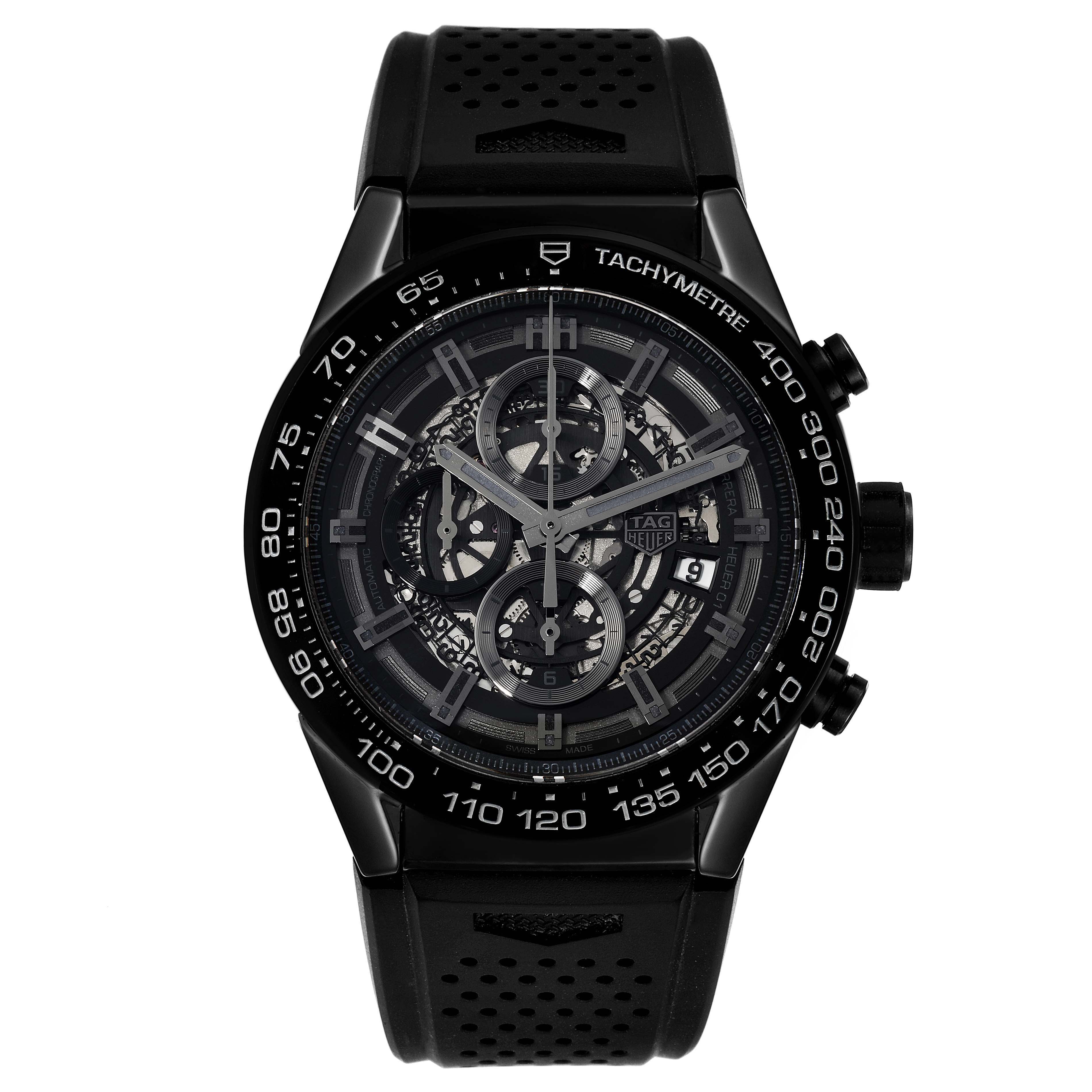 The image shows a front view of a Tag Heuer Carrera CAR2A90.FT6071 Men's Ceramic Transparent Dial CAR2A90.FT6071 Men's Ceramic Transparent Dial watch with a black dial and strap.