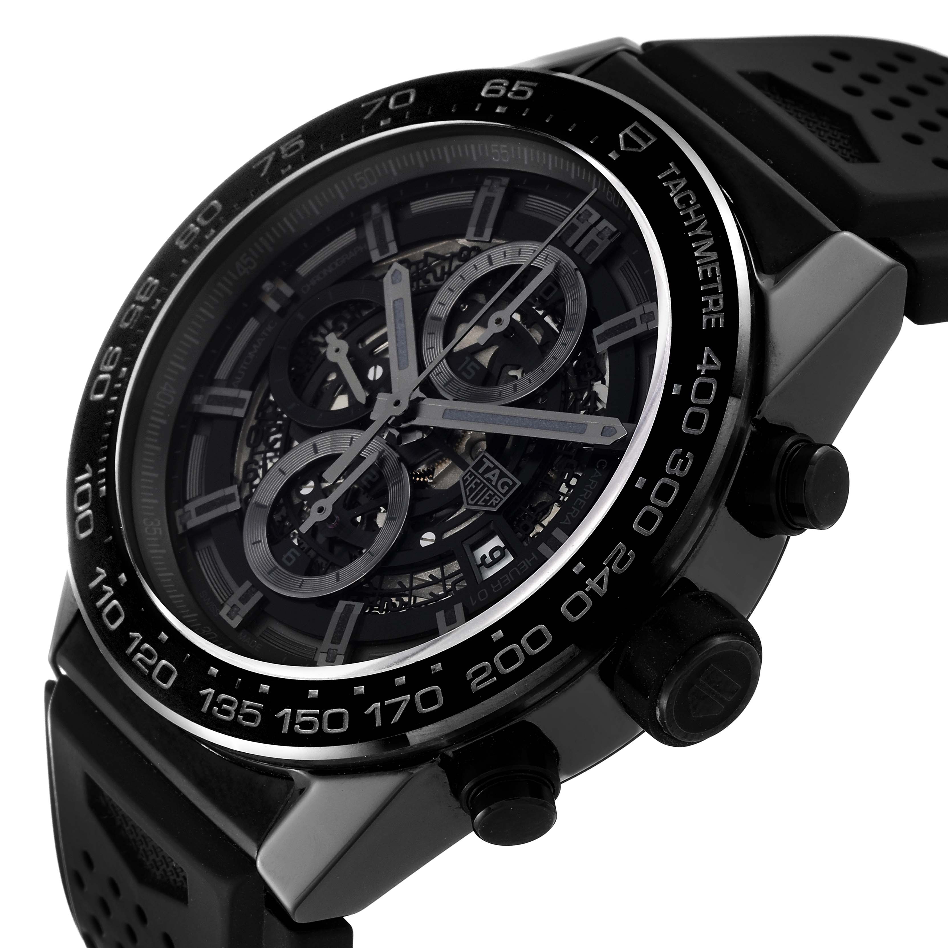 The Tag Heuer Carrera CAR2A90.FT6071 Men's Ceramic Transparent Dial CAR2A90.FT6071 Men's Ceramic Transparent Dial watch is shown from a slight side angle, displaying its tachymeter bezel, chronograph dials, and black strap.
