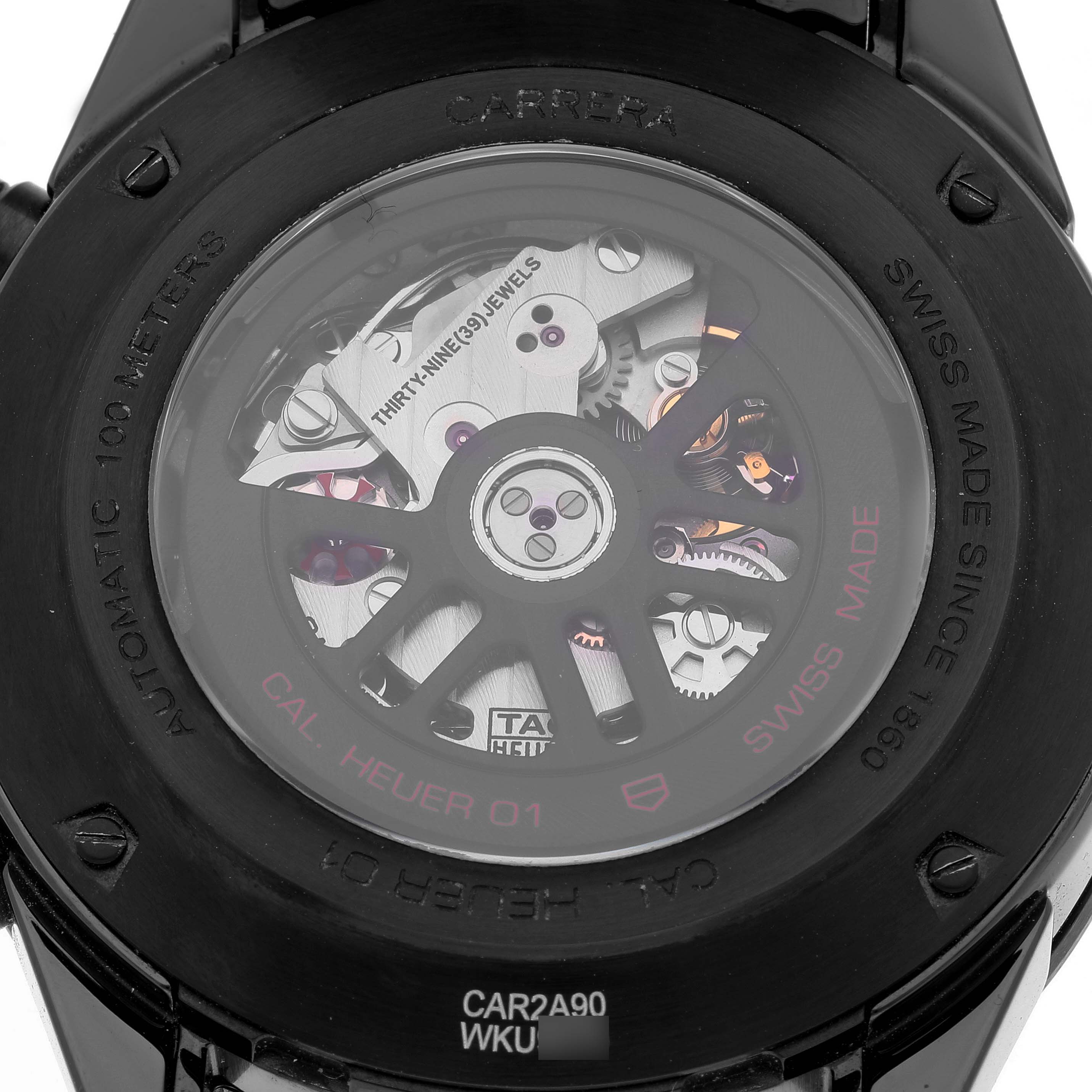 The image shows the back side and internal mechanism of the Tag Heuer Carrera CAR2A90.FT6071 Men's Ceramic Transparent Dial CAR2A90.FT6071 Men's Ceramic Transparent Dial Calibre Heuer 01 watch.