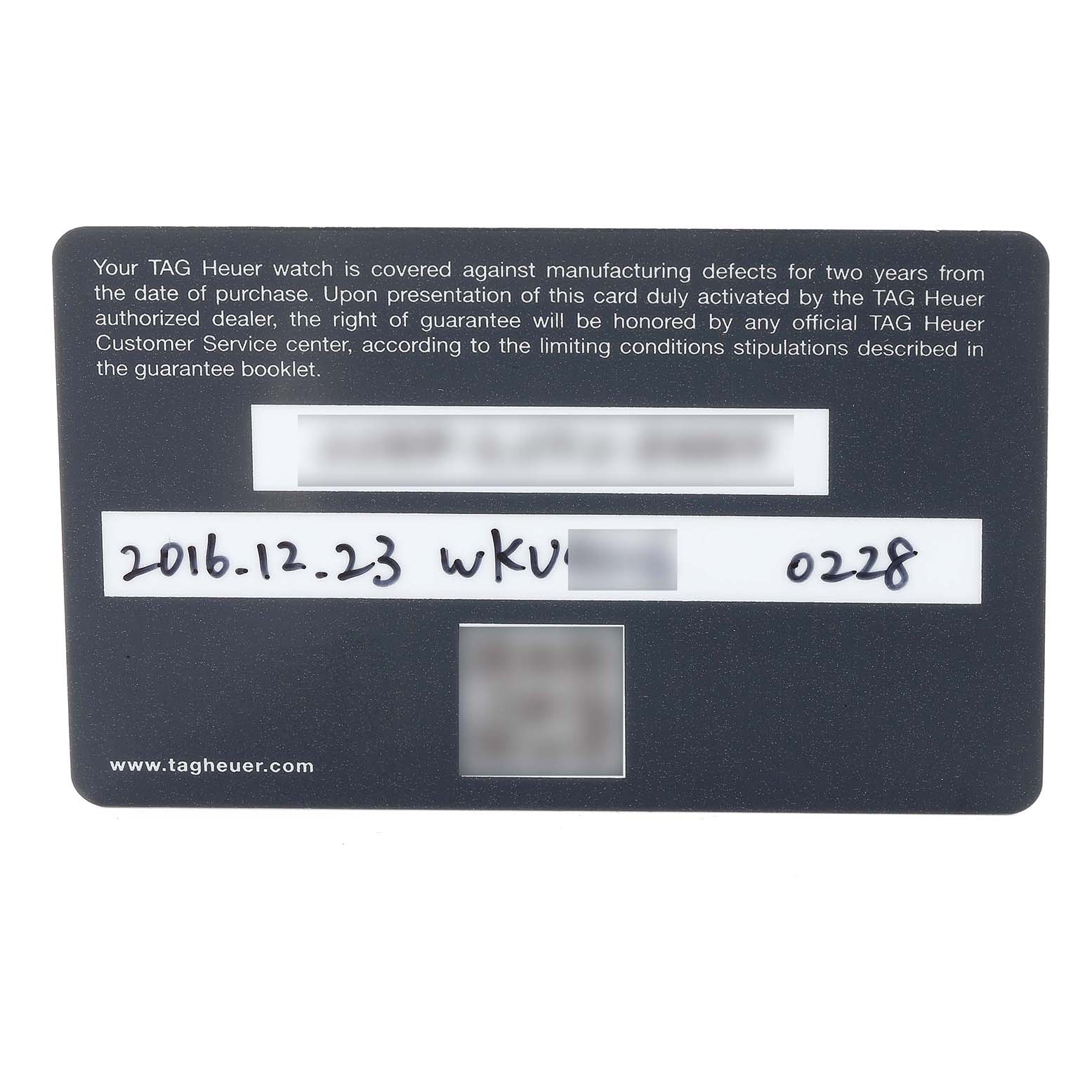 The image shows a Tag Heuer Carrera CAR2A90.FT6071 Men's Ceramic Transparent Dial CAR2A90.FT6071 Men's Ceramic Transparent Dial model warranty card with details including purchase date and dealer information.